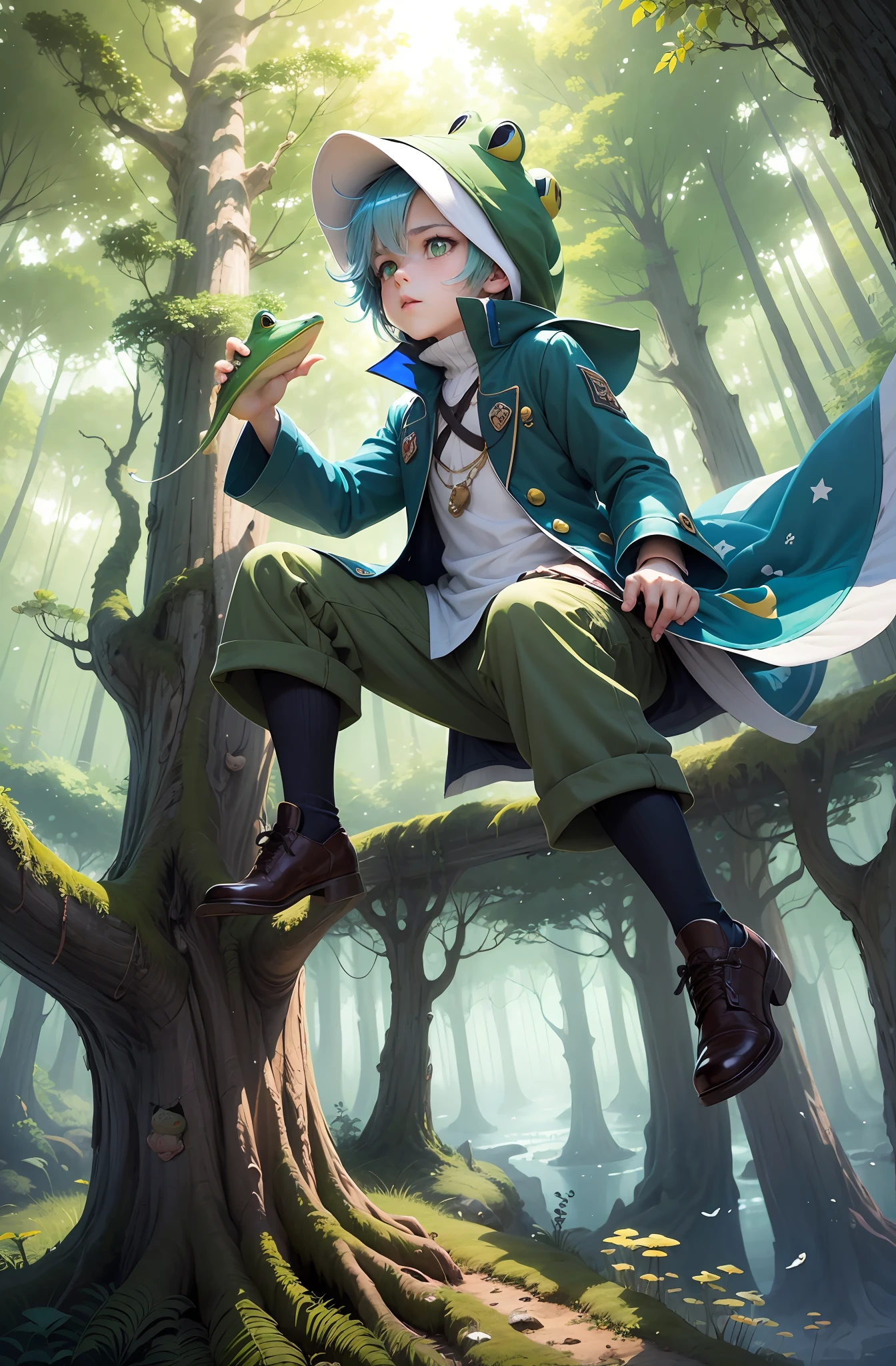 An anime boy is in a magical forest, there are magical mushrooms, big trees, flying fishes, mostly blue and green colors, flying phoenixes, the anime boy wears green, he wears a frog hat, there are big glowing frogs,child looking impressed --auto --s2