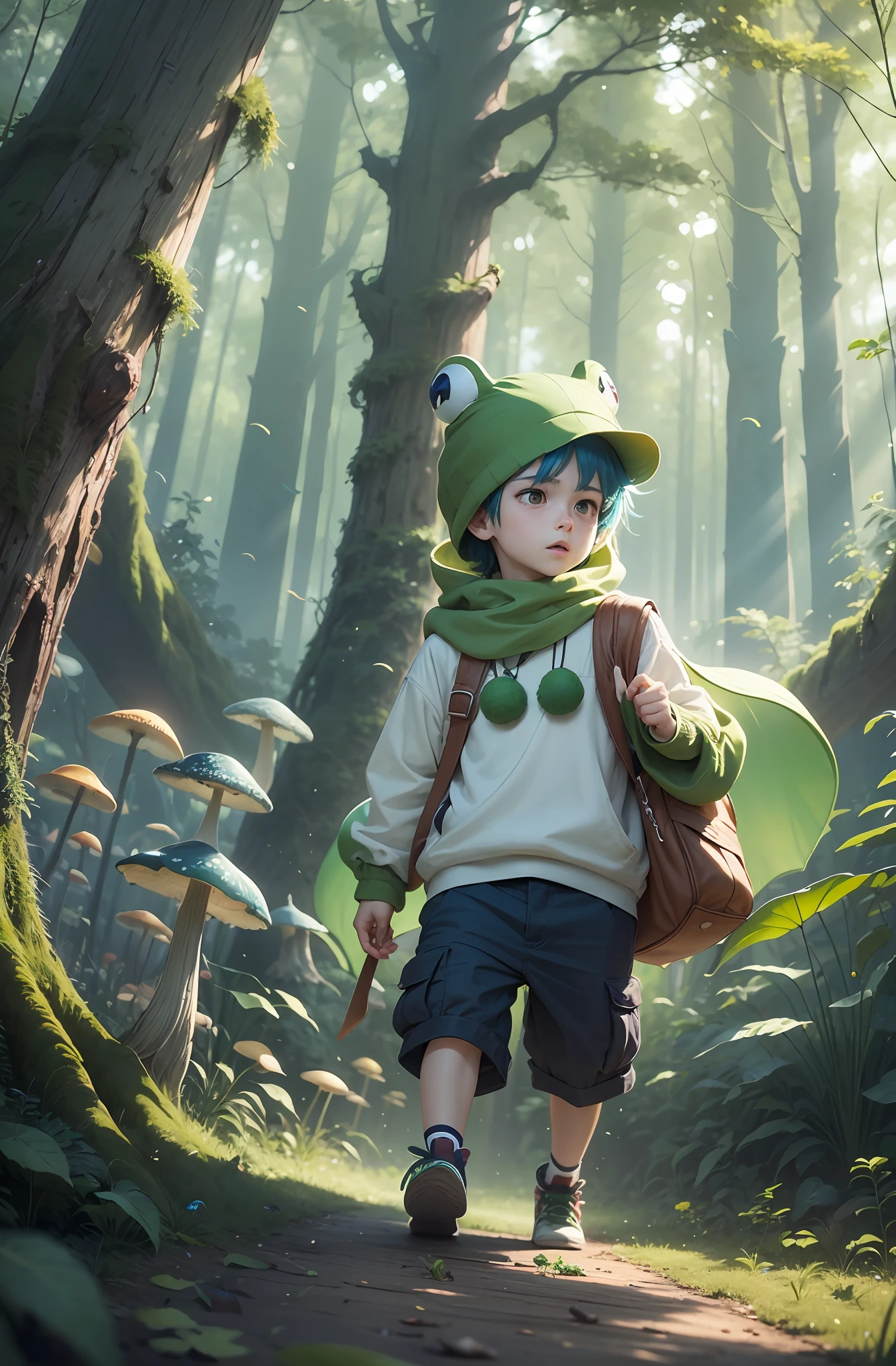 An anime boy is in a magical forest, there are magical mushrooms, big trees, flying fishes, mostly blue and green colors, flying phoenixes, the anime boy wears green, he wears a frog hat, there are big glowing frogs,child looking impressed --auto --s2