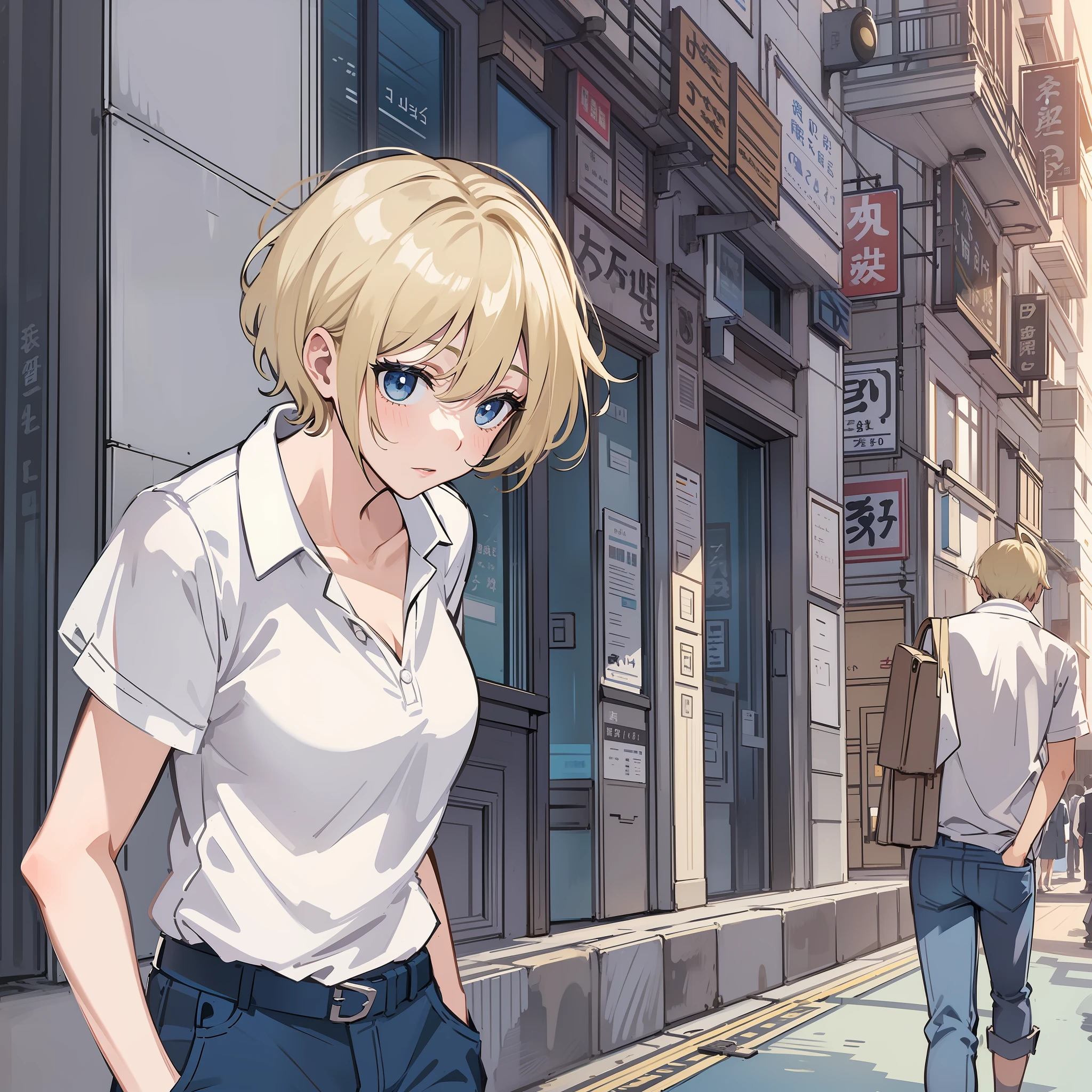 Become a woman。Blonde short-haired woman。Wearing a white polo shirt and dark blue pants、I'm on the street of the building。It is an anime-style illustration。Beautiful with the best image quality