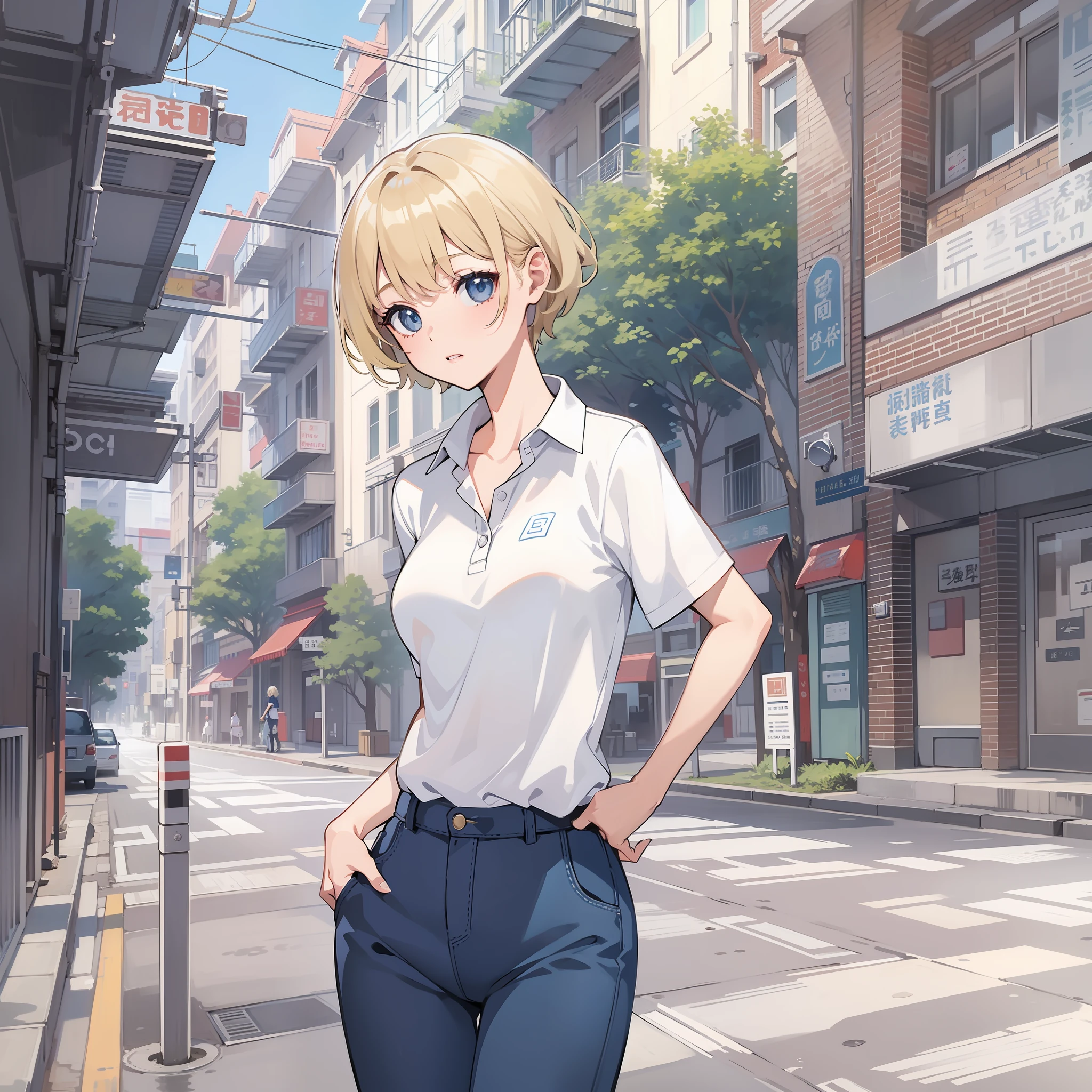 Become a woman。Blonde short-haired woman。Wearing a white polo shirt and dark blue pants、I'm on the street of the building。It is an anime-style illustration。Beautiful with the best image quality