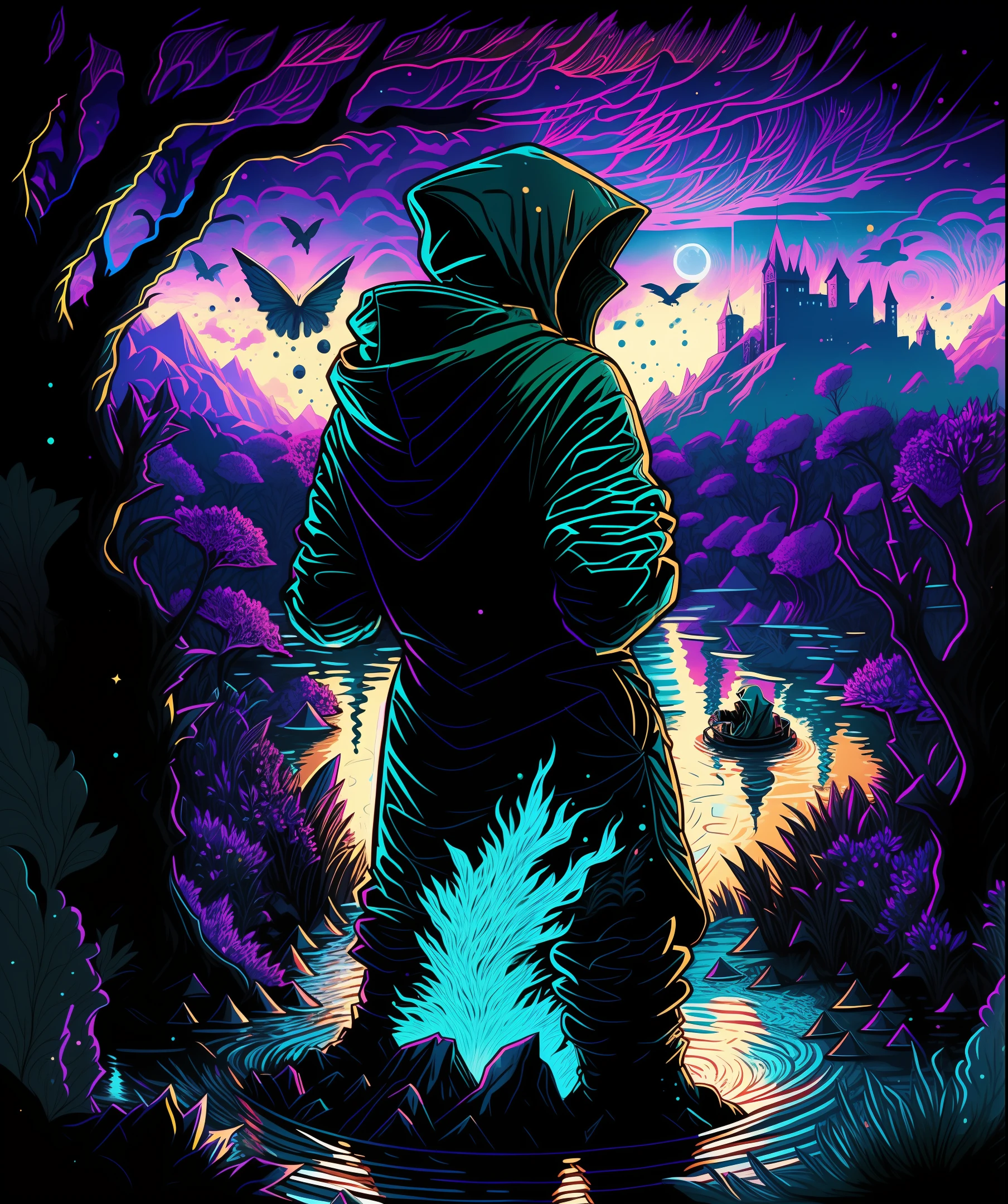 there is a person in a hoodie standing in a pond of water, vector art inspired by Jakub Schikaneder, shutterstock contest winner, magical realism, a beautiful artwork illustration, hooded figure surreal, jen bartel, magical sparkling lake, mysterious glow, in style of laurie greasley, among golden fireflies, cloaked dark winter night, dark illustration