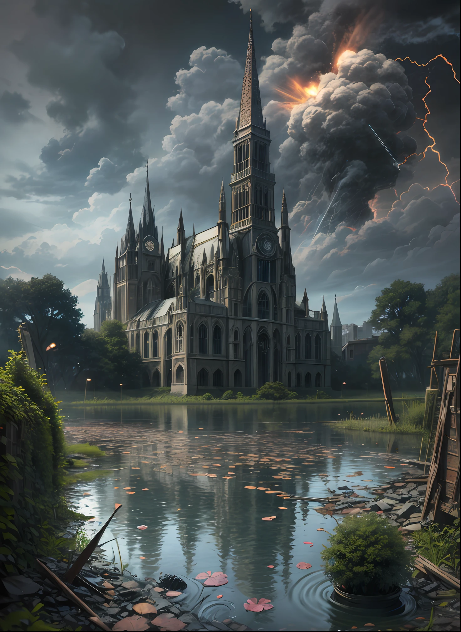 swamp, Quarry, rocket debris sticking out of the water, , Ruined medieval Gothic church, Rockets are flying, Thunder Lightning, A ruined village, The city, Ruins, detritus,Pits, gloom, zipper, war, Explosions