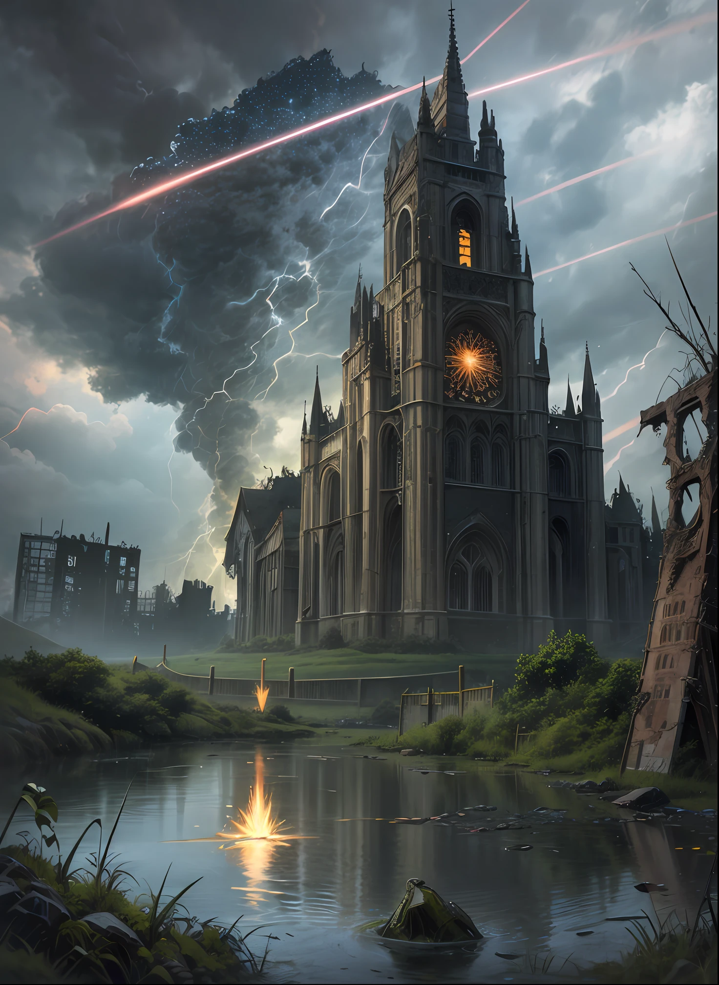 swamp, Quarry, rocket debris sticking out of the water, , Ruined medieval Gothic church, Rockets are flying, Thunder Lightning, A ruined village, The city, Ruins, detritus,Pits, gloom, zipper, war, Explosions