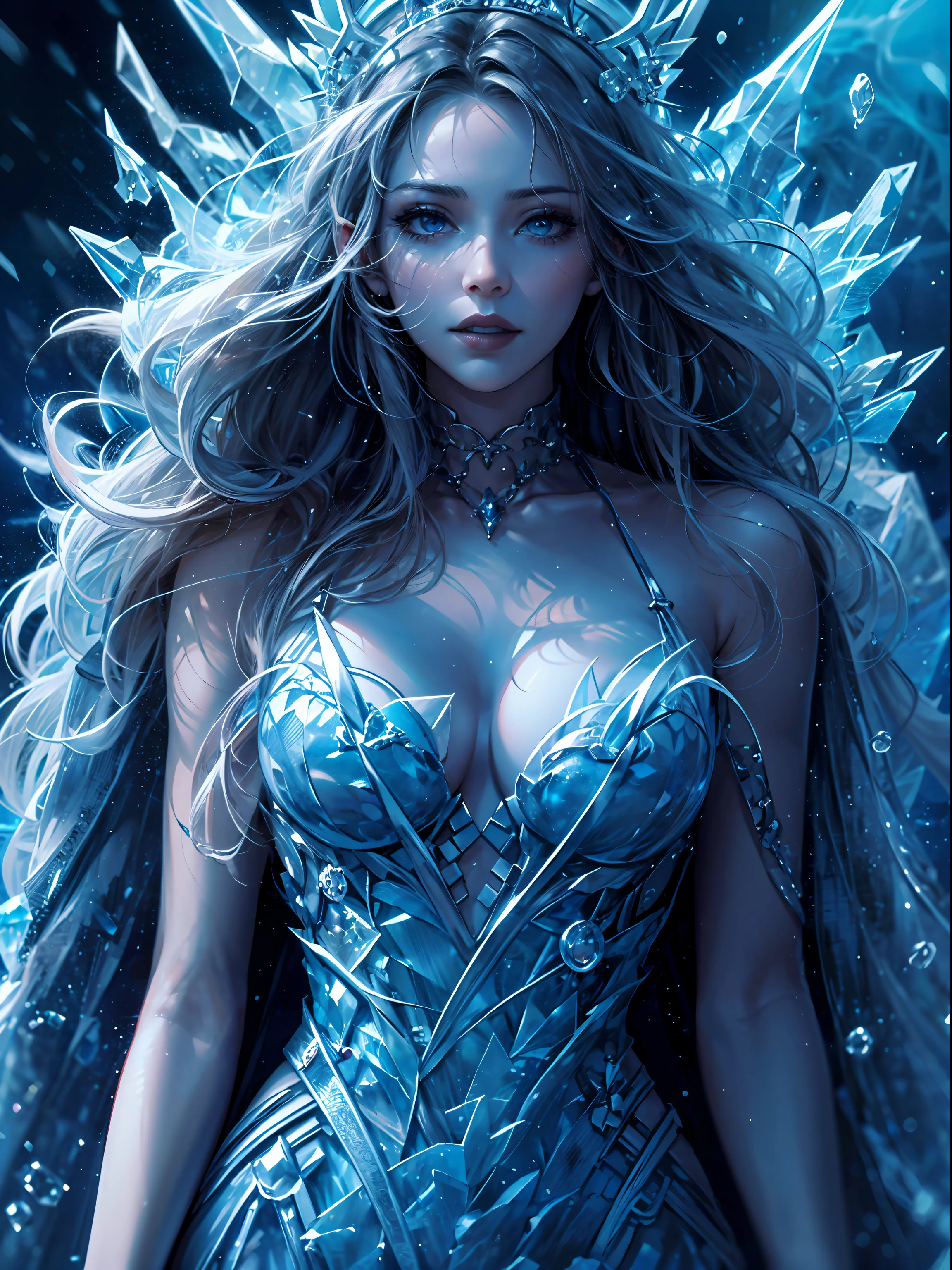 illustration, woman, blue lipstick on lips, cinematic lighti, highest quality, ultra detailed realism, detailed face, detailed eyes, best quality, hyper detailed, Works Prima, Masterpiece, Top Quality, Best, Official Art, Beautiful and Aesthetic, Long Exposure: 1 leggy and thin woman, broad and delicate shoulders, medium breasts, Charming Patterns, Icy witch woman, White , eyes covered by a veil made of ice, Her body is covered with pieces of ice detailed in a beautiful black dress, witch, winter, ice throne, witchcraft, Tone of Magic in Blue, strong glow in neon blue, queen, majesty, in the background a blizzard covering the environment, full body.
