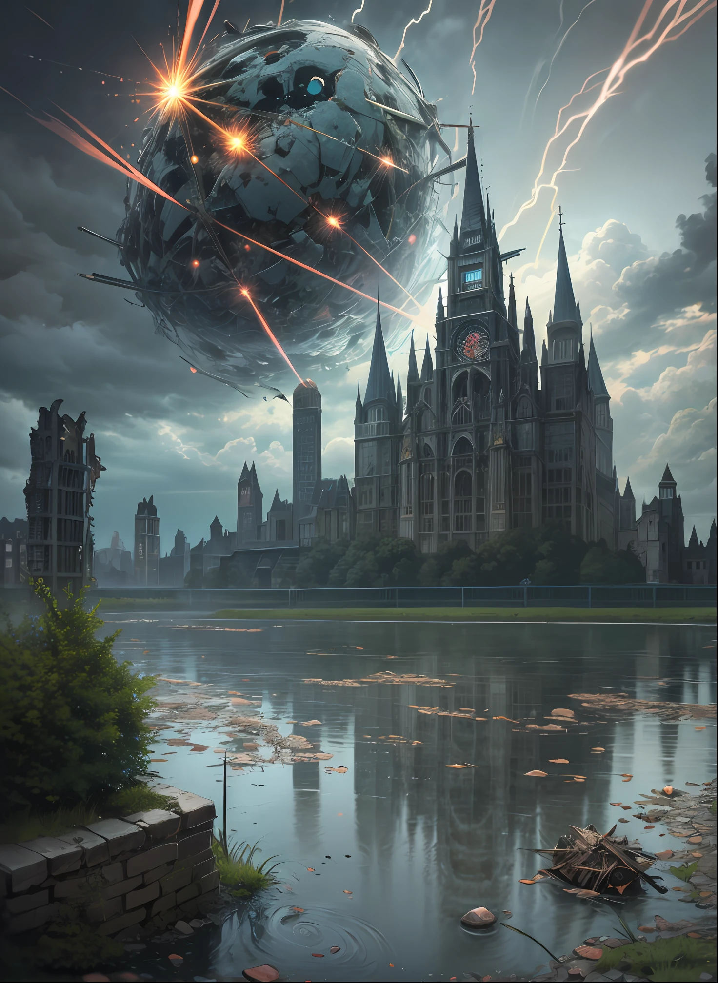 swamp, Quarry, rocket debris sticking out of the water, , Ruined medieval Gothic church, Rockets are flying, Thunder Lightning, A ruined village, The city, Ruins, detritus,Pits, gloom, zipper, war, Explosions