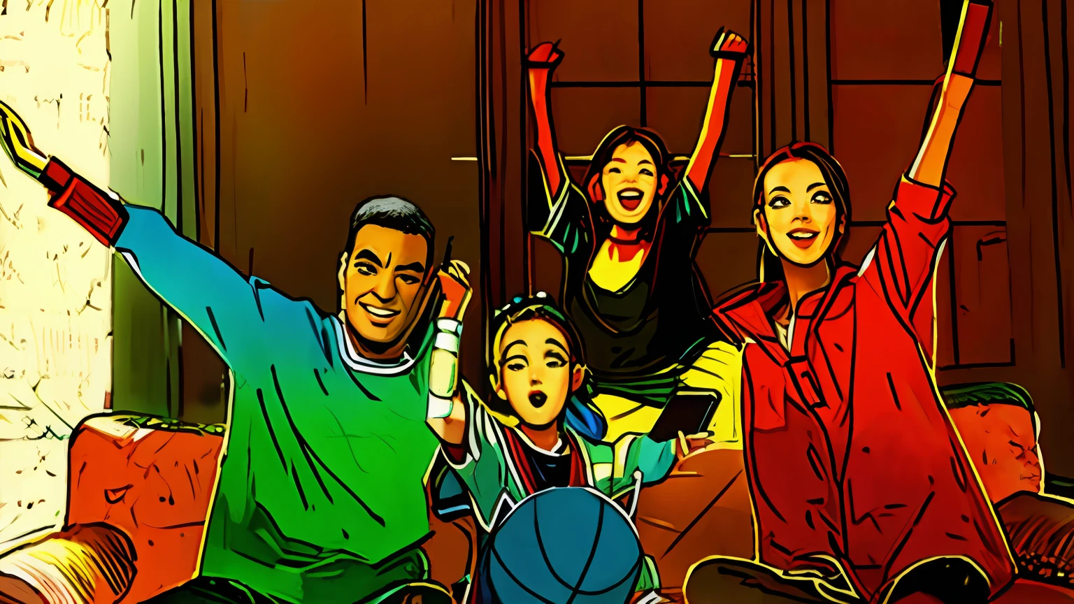 Four people sitting on the couch people,cheer,Oriental face,Thick stylus,the detail