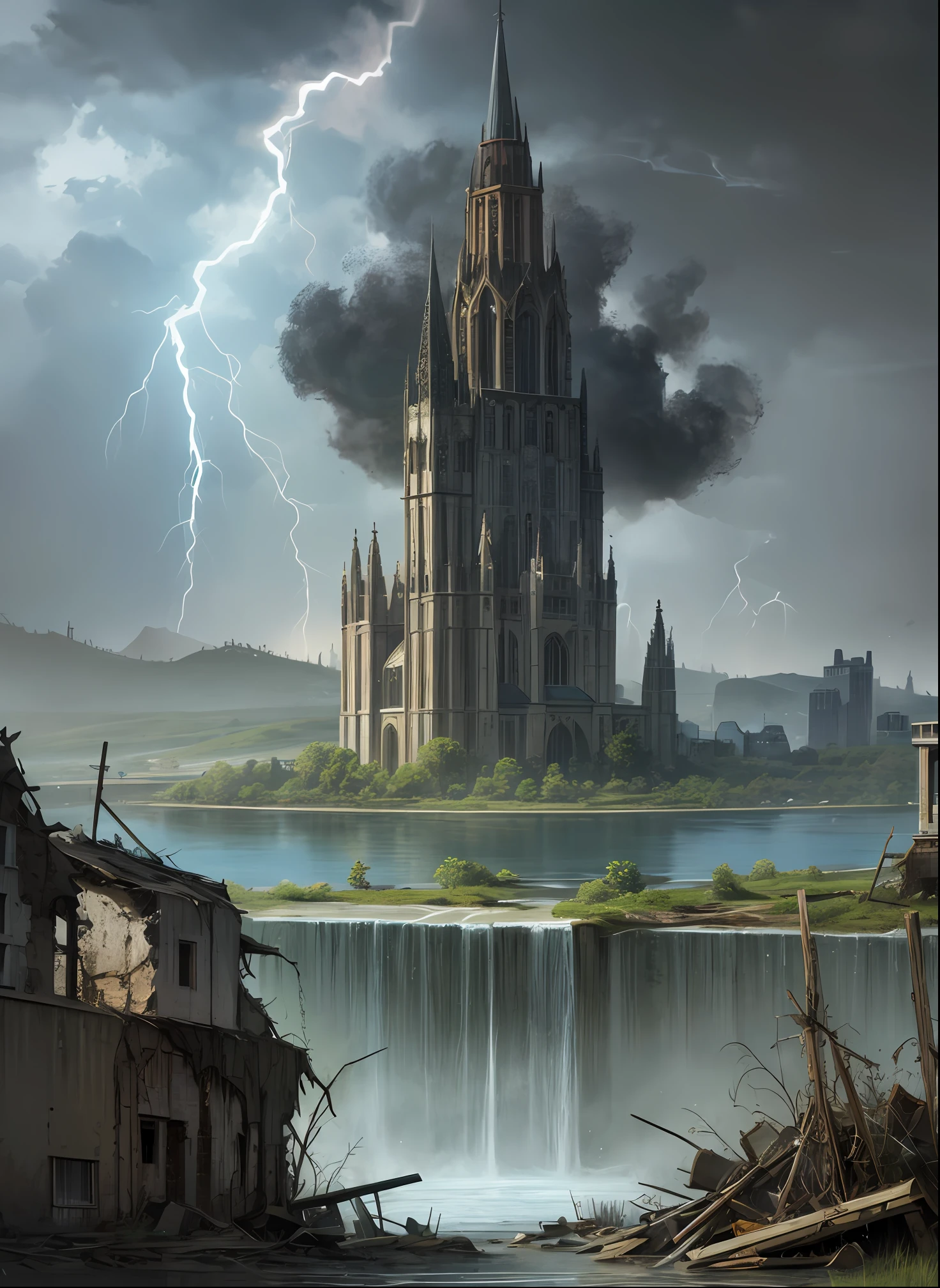 swamp, Quarry, rocket debris sticking out of the water, , Ruined medieval Gothic church, Rockets are flying, Thunder Lightning, A ruined village, The city, Ruins, detritus,Pits, gloom, zipper, war, Explosions