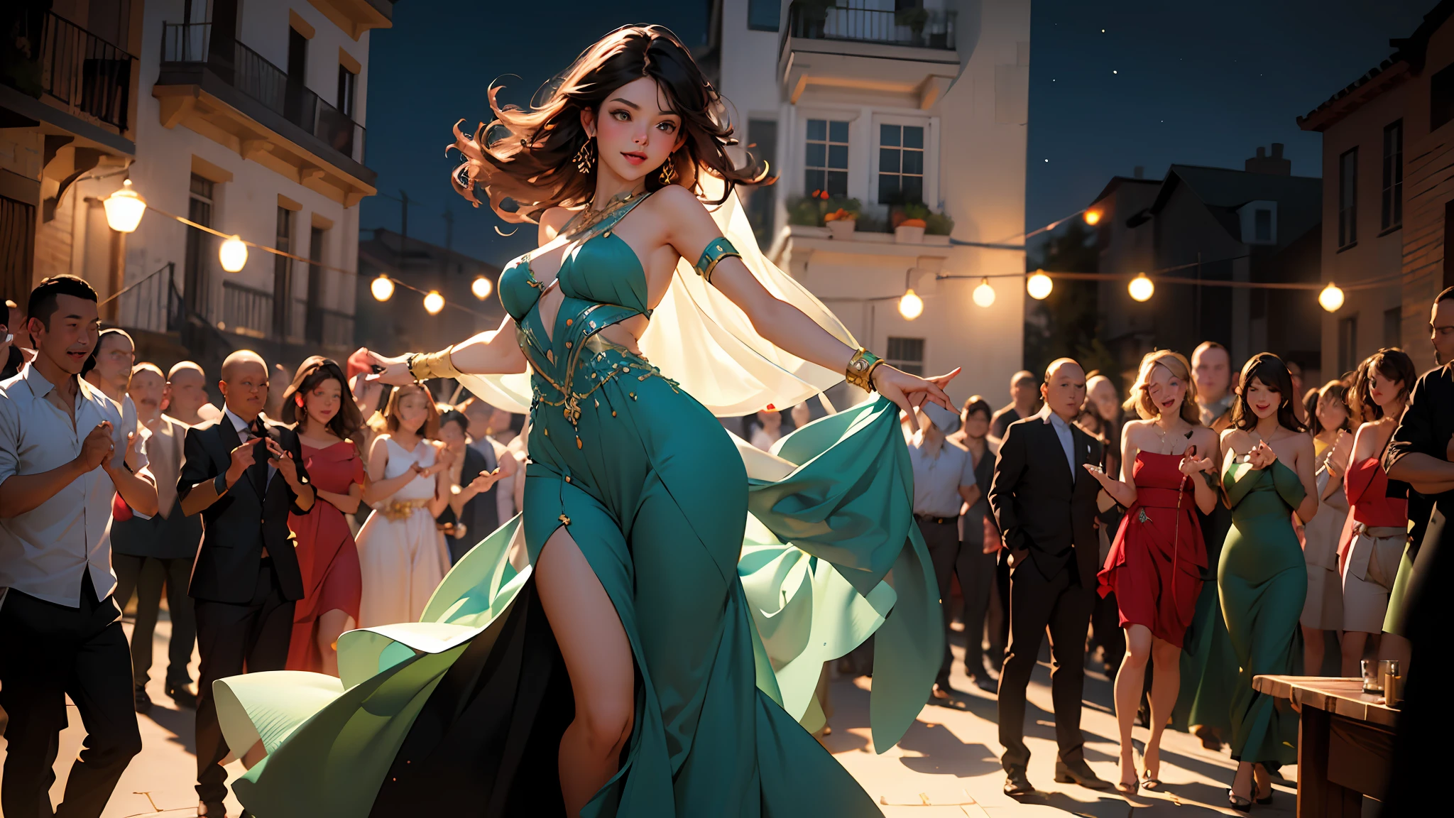A stunning full body photography of a lady dancing flamenco, wearing blue flamenco dance long dress, happy, flirting, detailed face, outdoor night party, (medium breast), people surrounded and clapping, captured in a naturalistic style by photographers Sam Yang and Ross Tran. The scene is highly-detailed, with intricate textures on the lady's clothing and sharp focus on the surrounding, spanish fiesta vibes, torch as lighting