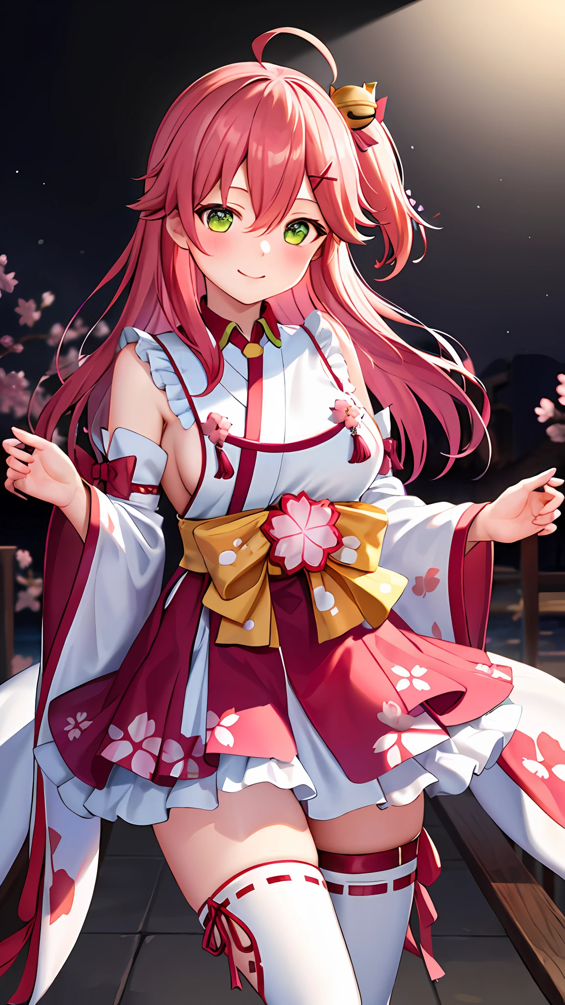 masterpiece, best quality, highres, miko1, sakura miko, 1girl, green eyes, solo, ahoge, x hair ornament, pink hair, single thighhigh, floral print, hairclip, sideboob, hair bell, floral print, long hair, hair between eyes, one side up, white thighhighs, asymmetrical legwear, wide sleeves, cowboy shot, smile, blush, hands behind,