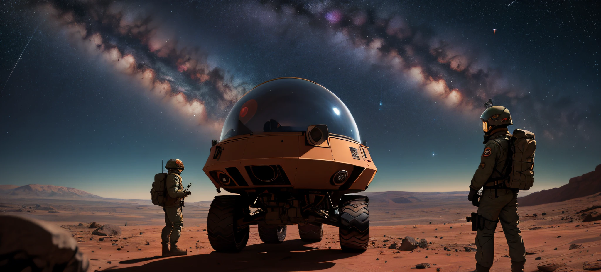 Altas resoluciones, Ultra detallado, Create an image using a prism effect, Design of an image with fisheye lens effect, capturing a wide field of view with a distinctive curved perspective, From the surface of the planet Mars Several soldiers and scientists gaze at the stars and a small and distant Jupiter in a dark Martian sky, Strange alien vehicle in the middle of the image.