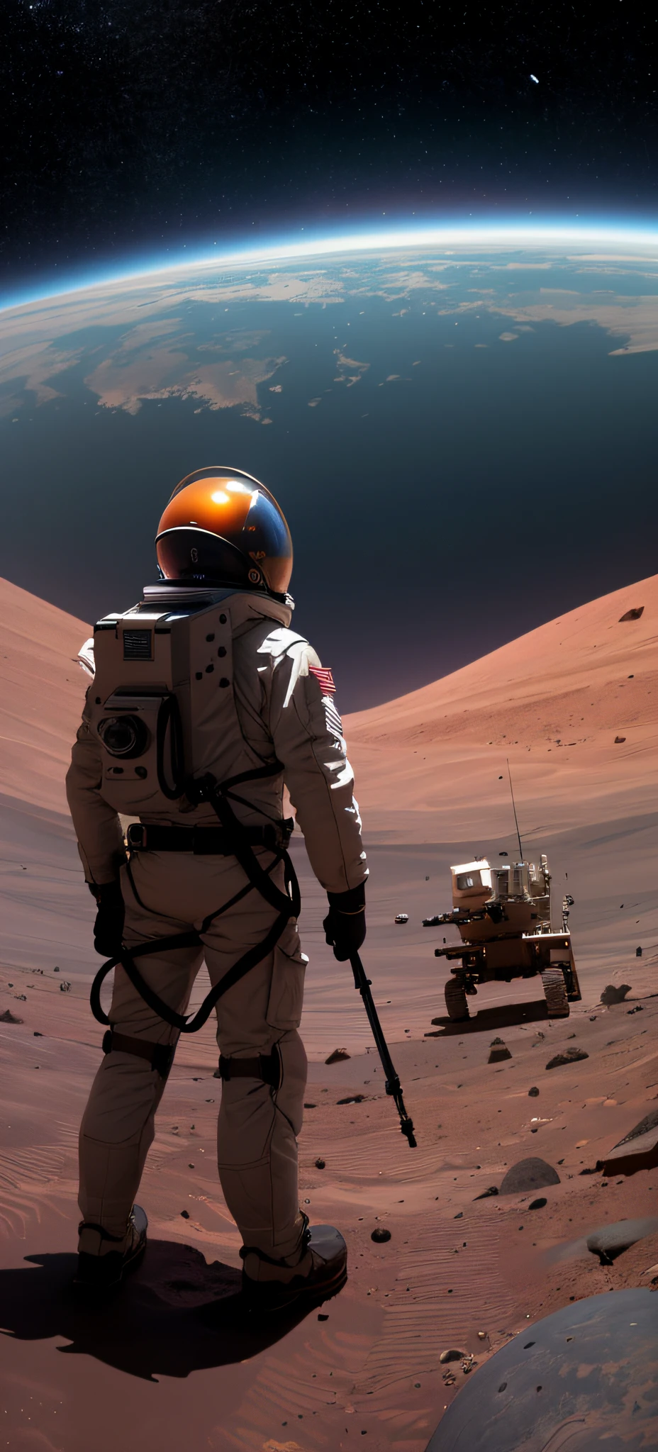 Altas resoluciones, Ultra detallado, Create an image using a prism effect, Design of an image with fisheye lens effect, capturing a wide field of view with a distinctive curved perspective, From the surface of the planet Mars Several soldiers and scientists gaze at the stars and a small and distant Jupiter in a dark Martian sky, nave espacial en el medio de la imagen.