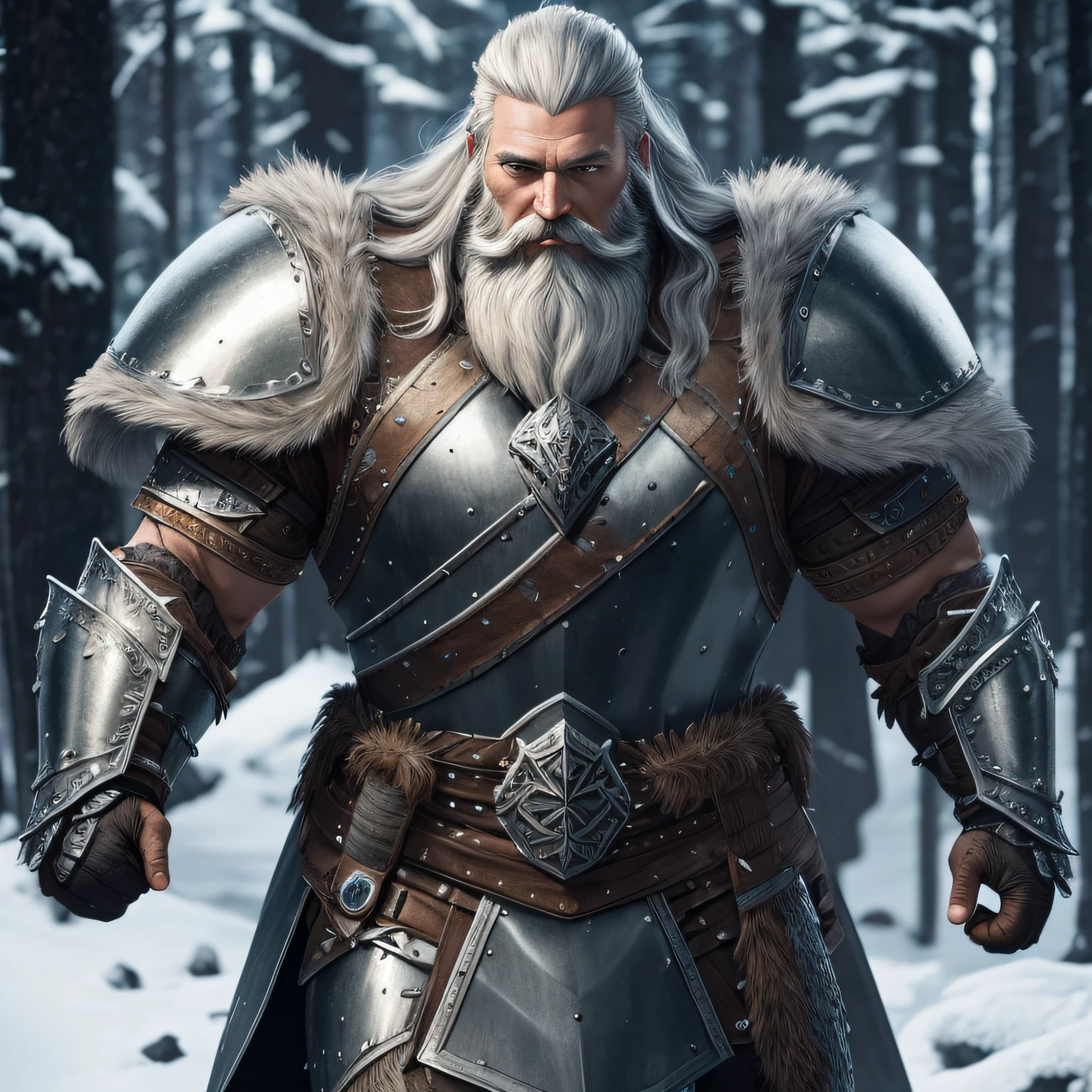 full body picture Unreal Engine 5 8K UHD of adult man, Nordic, steel armor with more detailed, steel bracers detailed, fur cloak, tight long hair and long beard, warrior, face detailed, best quality, masterpiece --auto