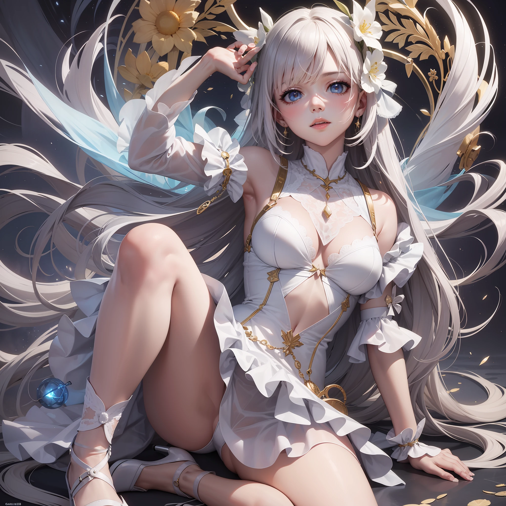 (tmasterpiece,top-quality,best qualityer,offcial art,Beauty and aesthetics:1.2),(1girll),extremy detailed,(s fractal art:1.3),rich colourful,highest details,s the perfect face,Full body photo,hdr,(Short white dress:1.2),galaxias,(light stre),striking visual effects,(dynamic streaks,Luminous trajectory:1.2),vivd colour,(White ta high heels:1.2),超高分辨率,Photoreality,rays of sunshine,full-body portraits,stunningly beautiful,,dynamicposes,delicated face,Vibrant eyes,opulent,milkyW,Highly detailed skin,Realistic details of skin,Visible Pore,tack sharp focus,volume fog,8K UHD,digital SLR camera,high qulity,filmgrain,White skin of the