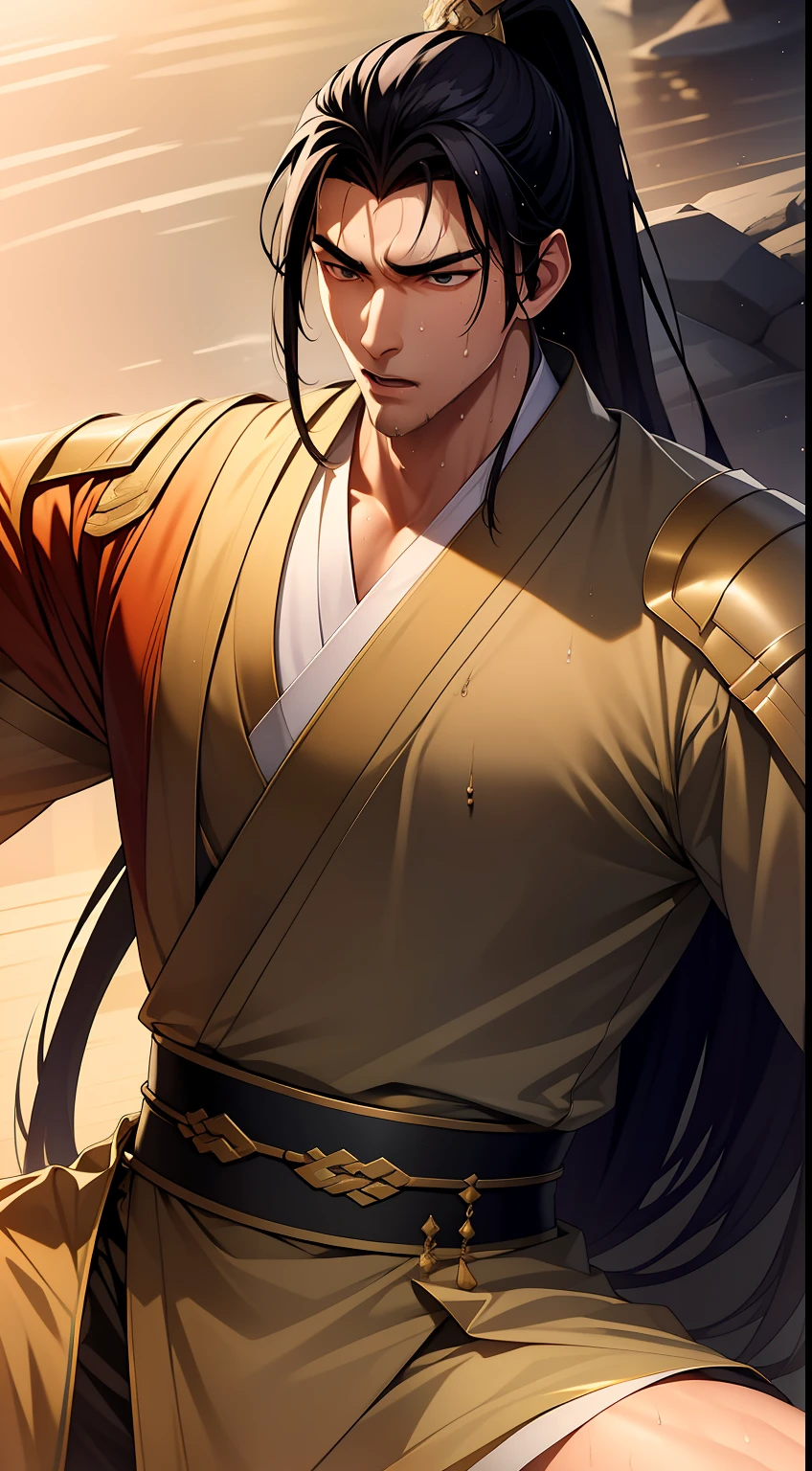 Two-dimensional, anime style, man (male warrior), muscle, correct proportions, face details, martial arts, high ponytail hairstyle, sweating, sweaty face, drooling, neck details, with Adam's apple, wet, wet, Hanfu costume, long robe, embroidered robe, dragon robe, clothing details, collar, long sleeves, game quality, swordsman demeanor, light and shadow tracing, ray tracing, detail glow, CG rendering, hair details, long black hair, golden eyes, sweaty face, handsome, handsome, sweat beads slipping down the neck, (juvenile feeling), complex clothing, wet, wet, perfect composition, refinement, high quality, more details, a lot of details, complex background, atmosphere,