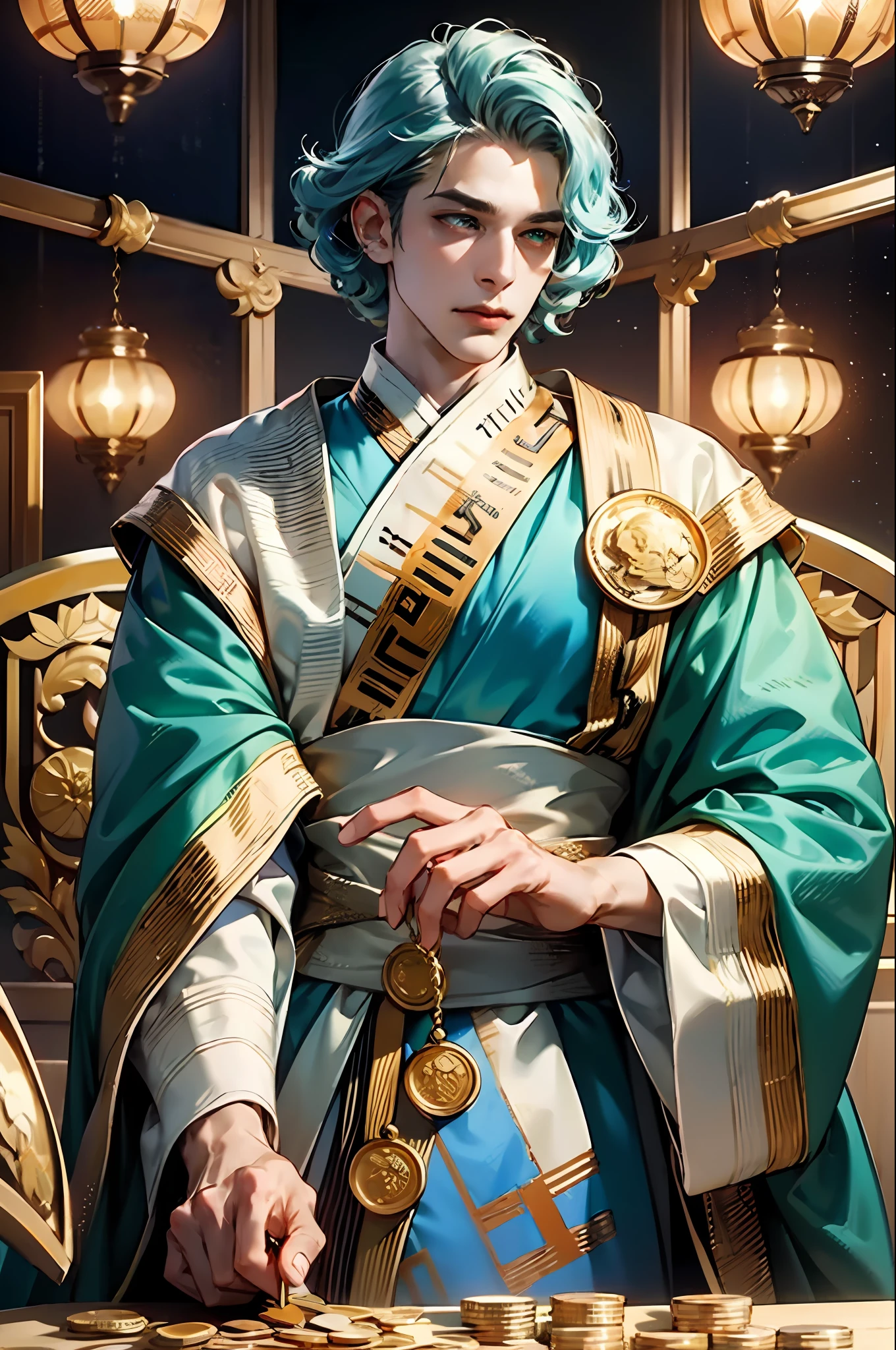 It looks pensive,Conference table,Behind the conference table,mastermind,Plotting conspiracies(hoang lap,A high resolution,ultra - detailed),1 male(Light blue curls)short detailed hair,Curls,curlies(voluminous hair),mature,Idade,wily,tall muscular guy,a broad shouldered,curlies(pale-blue),Undercut,Green eyes,Wide sleeves,Blue-green robe(baggy)(Tsuré clothes),Gold streamlined,Golden decoration,Fine eyes and detailed face,the Extremely Detailed CG Unity 8K Wallpapers,Complicated details,sportrait,Gold coins in hand(Take the money),独奏,Half shot,detailedbackground,focus-on,ssmile,politician(Color waves),floating gold coins,dynamicposes,Blue-gold robe,Curly hair flutters in the wind,curlies,Gloomy dark reality lighting,Stately hall in the background