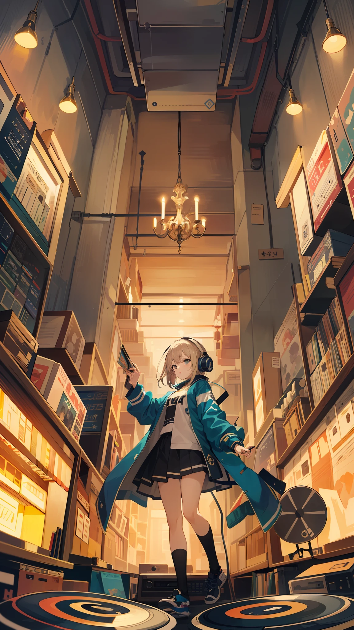 (longshot), wide Shots, (Film noise), Old anime、(lots of records:1.3), vinyl record shop、(masterpiece、top-quality、top-quality、Official art、Beautifully Aesthetic:1.2)、(1 Woman listening to music with headphones on)、ighly detailed、(Fractal Art:1.4)、highestdetailed、Surrounded by mixing equipment、Guitar、(musical note:1.4)、(Lo-Fi Hip Hop)、Inside the spaceship、Old anime texture, Solo、loudspeaker, cyberpunked, vinyl、You are a professional animator