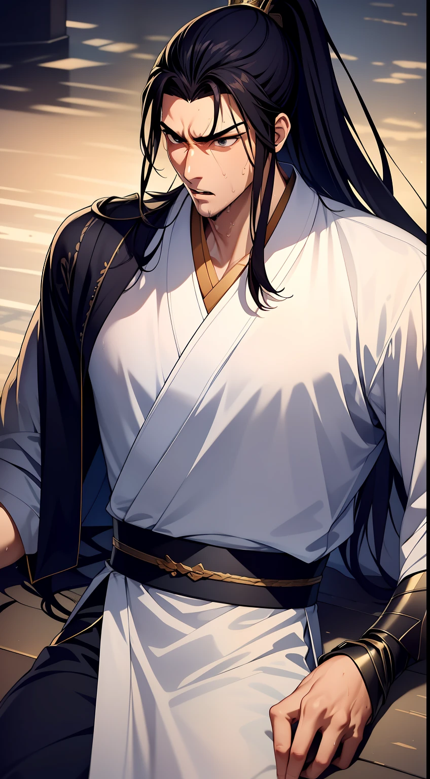 Two-dimensional, anime style, man (male warrior), muscle, correct proportions, face details, martial arts, high ponytail hairstyle, sweating, sweaty face, drooling, neck details, with Adam's apple, wet, wet, Hanfu costume, long robe, embroidered robe, dragon robe, clothing details, collar, long sleeves, game quality, swordsman demeanor, light and shadow tracing, ray tracing, detail glow, CG rendering, hair details, long black hair, golden eyes, sweaty face, handsome, handsome, sweat beads slipping down the neck, (juvenile feeling), complex clothing, wet, wet, perfect composition, refinement, high quality, more details, a lot of details, complex background, atmosphere,