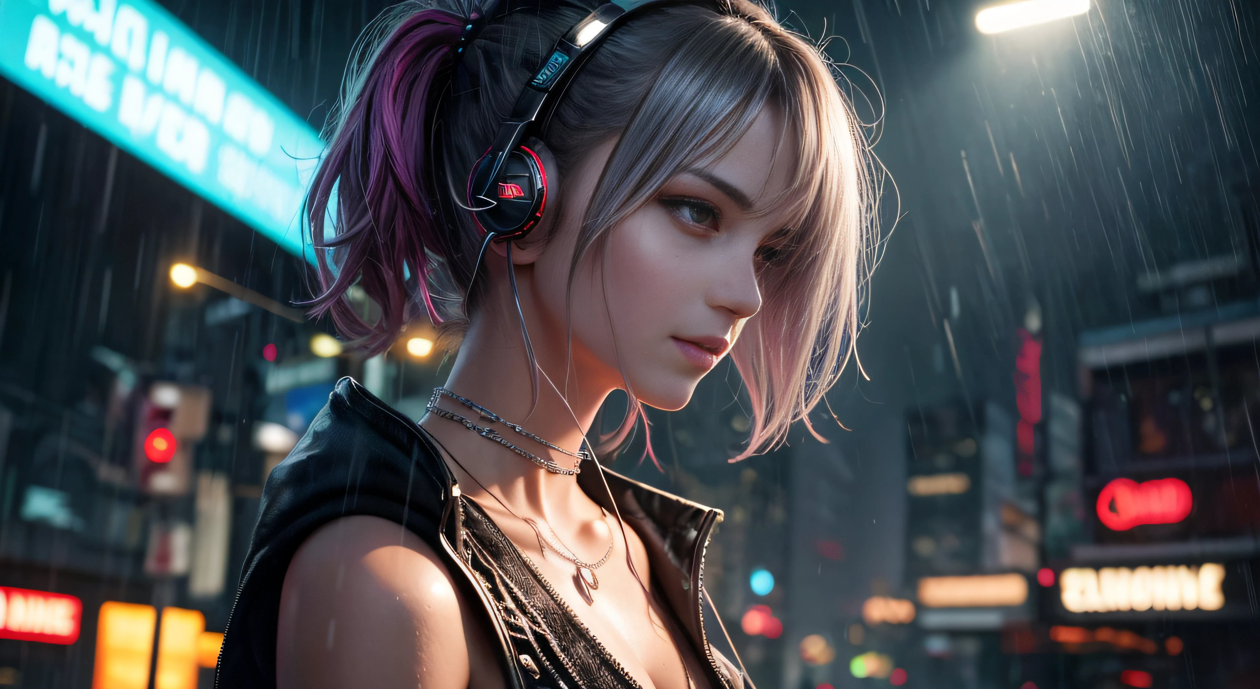 , color difference, Depth of field, Soft lighting, Masterpiece, Best quality, Intricate, Tone-mapping, Highly detailed, art stations, concept-art, smooth, Sharp focus, Dramatic lighting, high detail artwork, Cinematic, hyperrealistic painting, trending on artstationh, 8K, Incredible shadows, Realistic, (highly detailed back ground:1.0), Highly detailed portrait of single 1 girl standing on street corner, In heavy rain,Lightning strikes and cloudy skies, Neon and cyberpunk background, She wears punk clothes with silver chains and silver spikes, She has a butterfly wing hairpin in her wild hair, She wears headphones and a tie, Petite, Delicate red eyes,The pupils are distinct, Ominous aura, Smile, punk, Cyberpunk, back lit lighting --auto