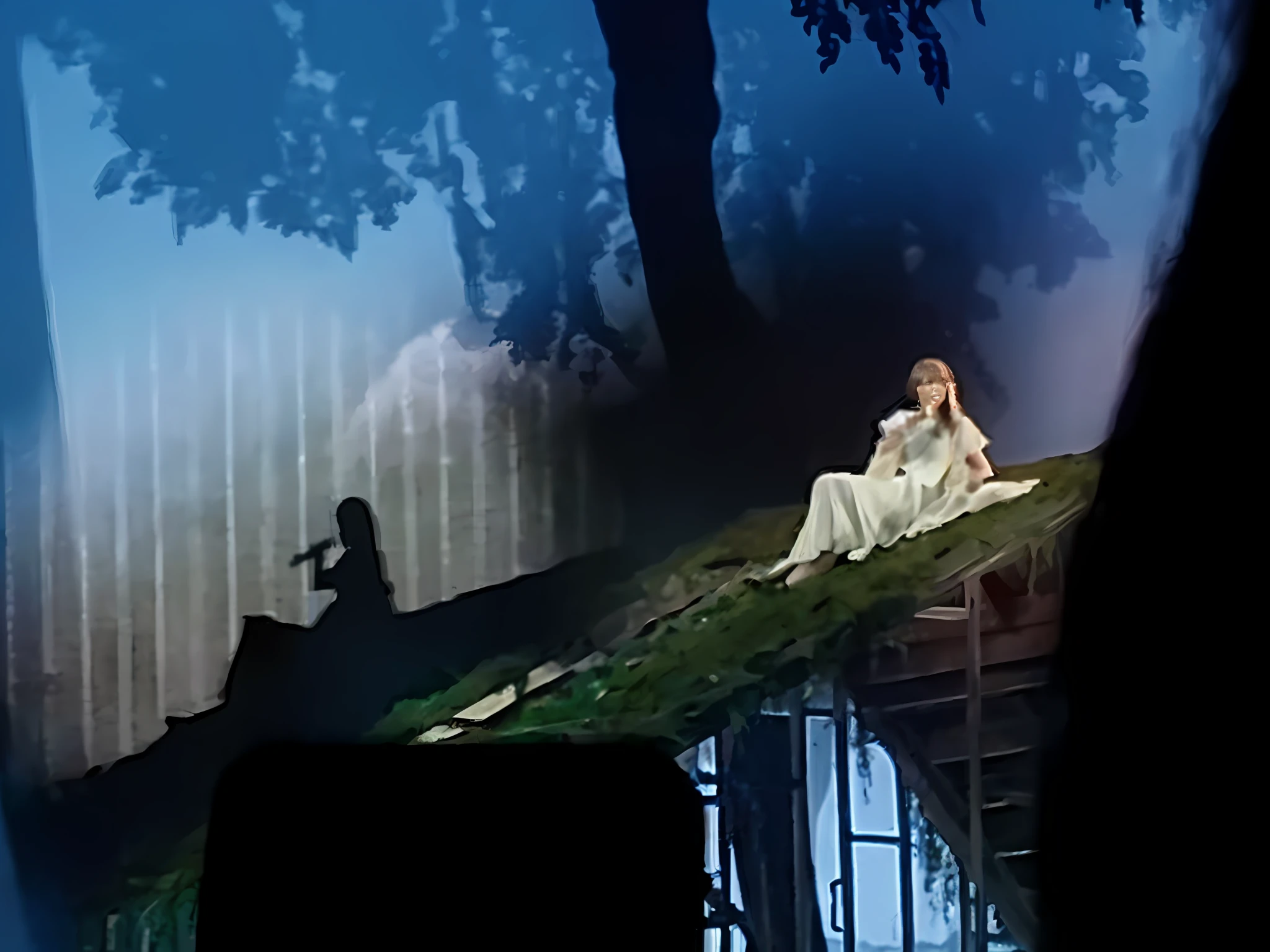 Taylor swift holding and singing into a microphone, laying on top of an abandoned dilapidated shack with moss, forest, landscape, wearing long flowing white dress, (Highly Detailed, HD), 8k, high res, dramatic lighting, sharp focus, depth of field, masterpiece, best quality, photorealistic, high quality textures, best shadow