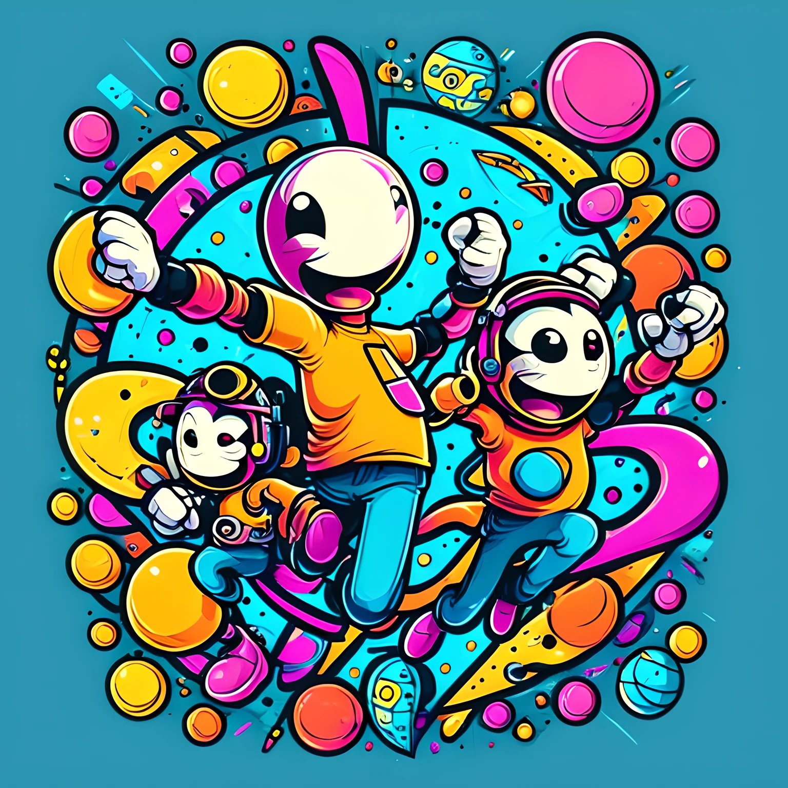 Creative design for t-shirt graphics   with a colorful Fun Style minimalist layout and embossed logo a space adventure game