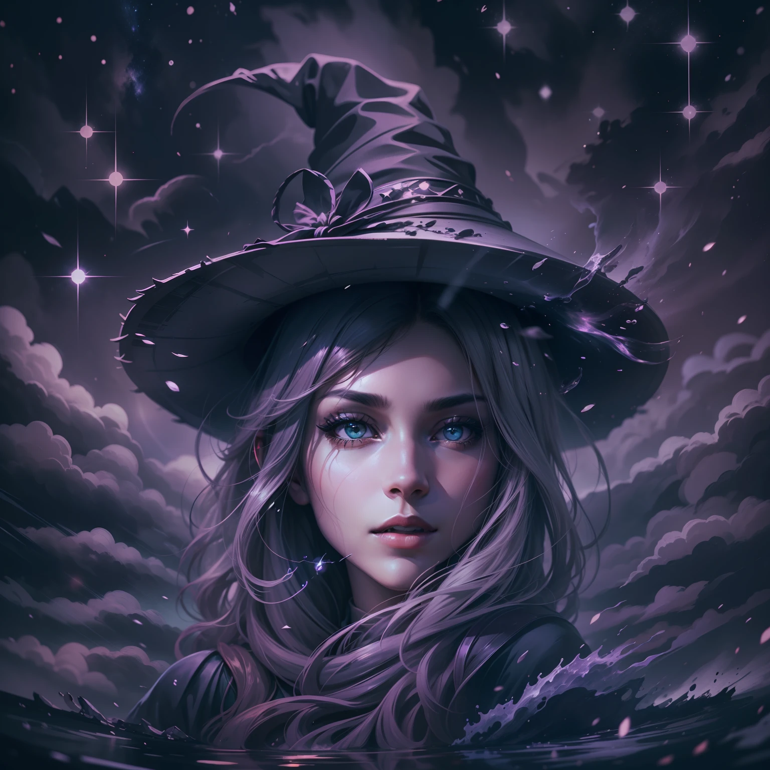 "Highly detailed, dark-toned, night sky with a beautiful woman as a Shadow Wizard, creating stunning splash art for T-shirt designs."