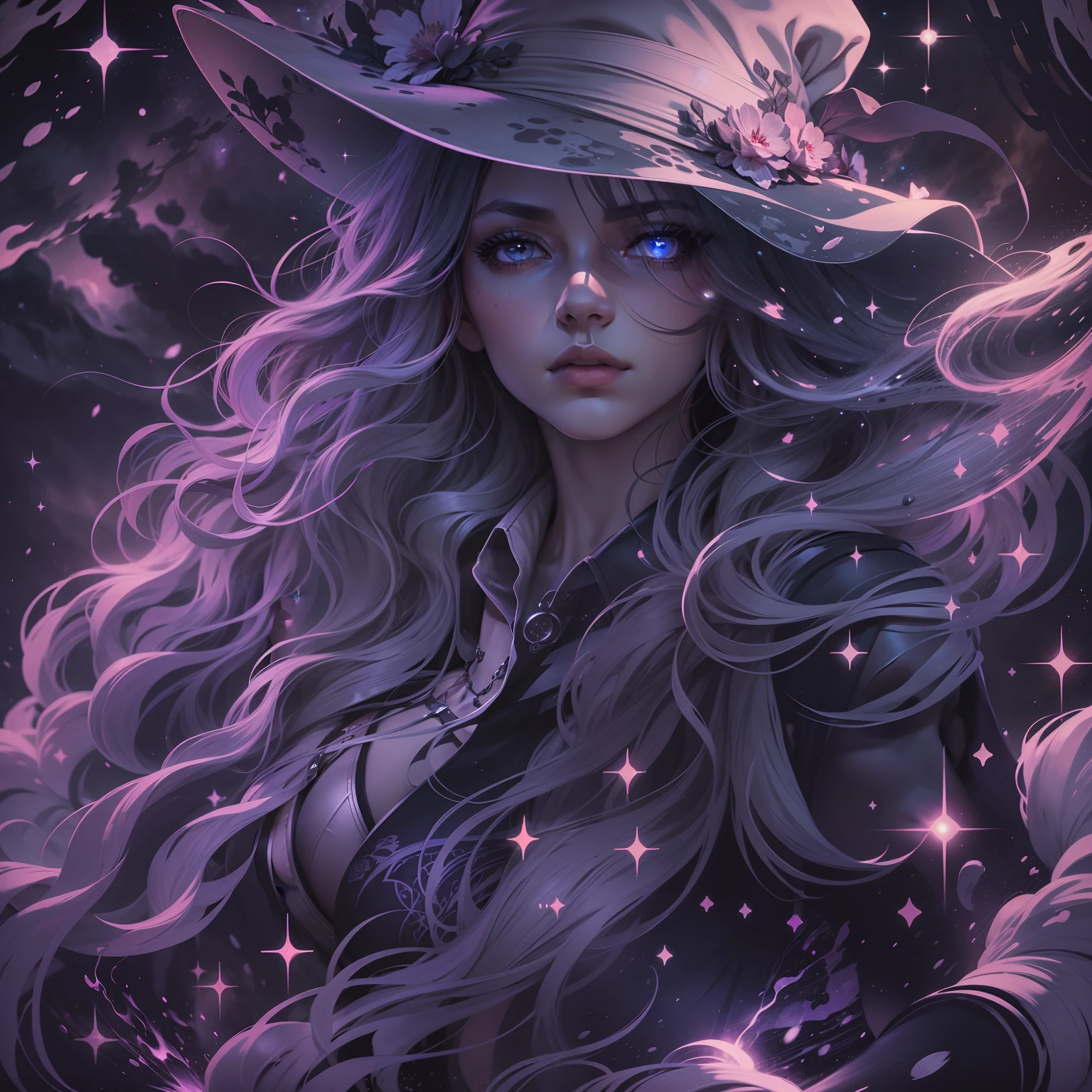"Highly detailed, dark-toned, night sky with a beautiful woman as a Shadow Wizard, creating stunning splash art for T-shirt designs."