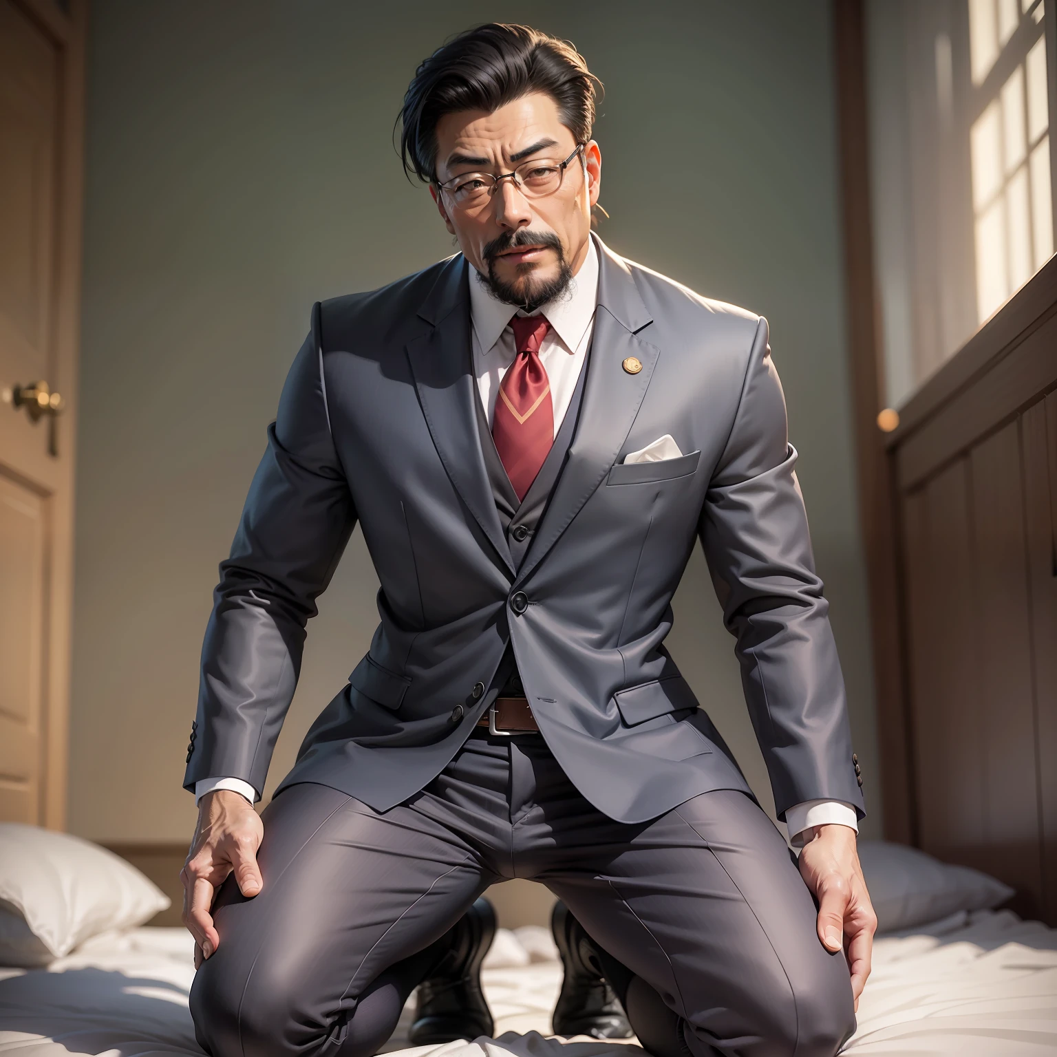 45 yers old,Kogoro Mouri,Business suit,Tong,Bulge,kneeling on a bed,black long socks,lbeard,fortitude,artwork of a,tmasterpiece,k hd,an look of enjoyment,Be red in the face