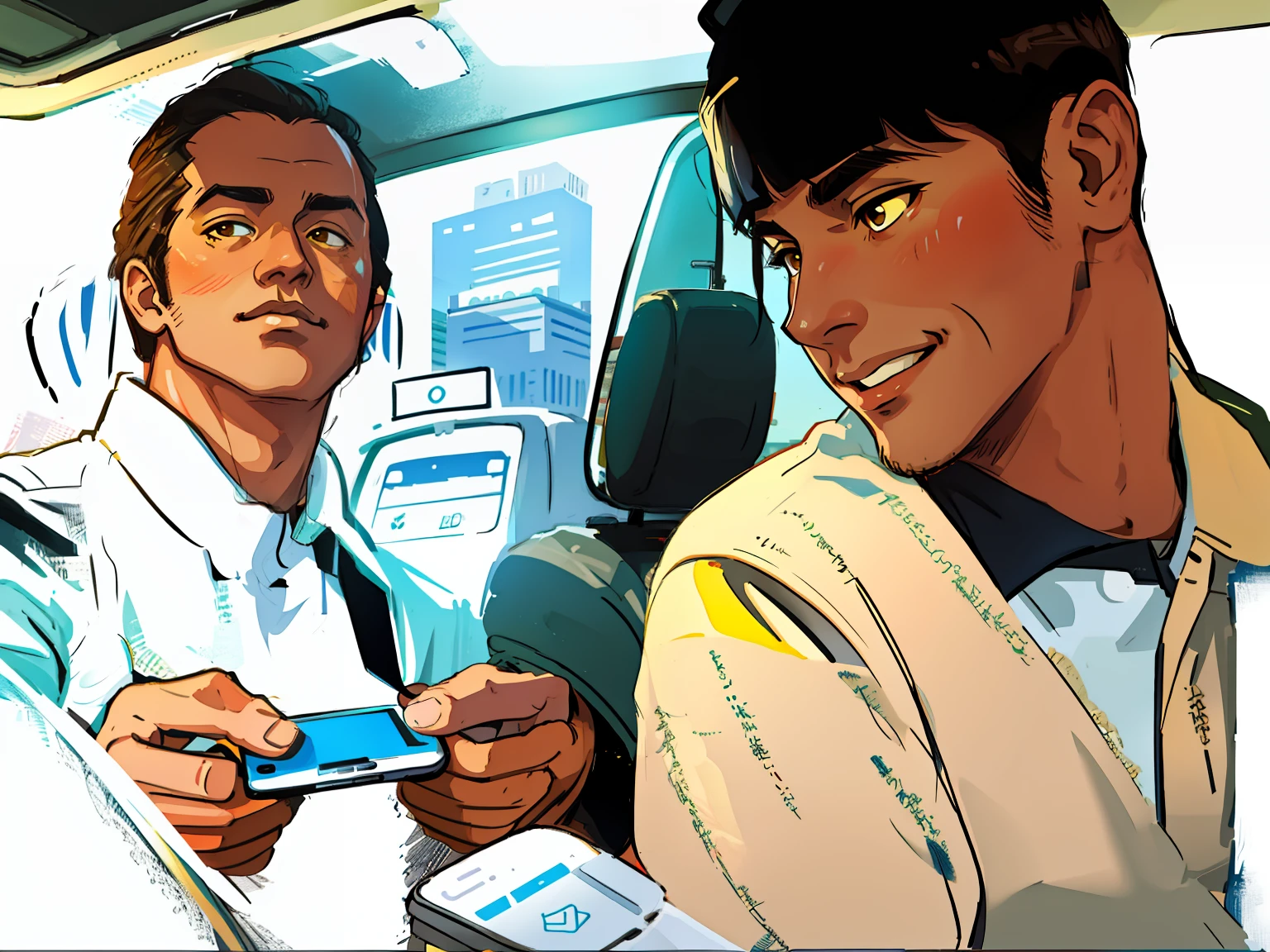 wireframes，Thick strokes，handpainted，The man in the back holds the phone sideways with both hands，Men play games，pay，cabs，There were two people in the car，Yellow people，oriental face