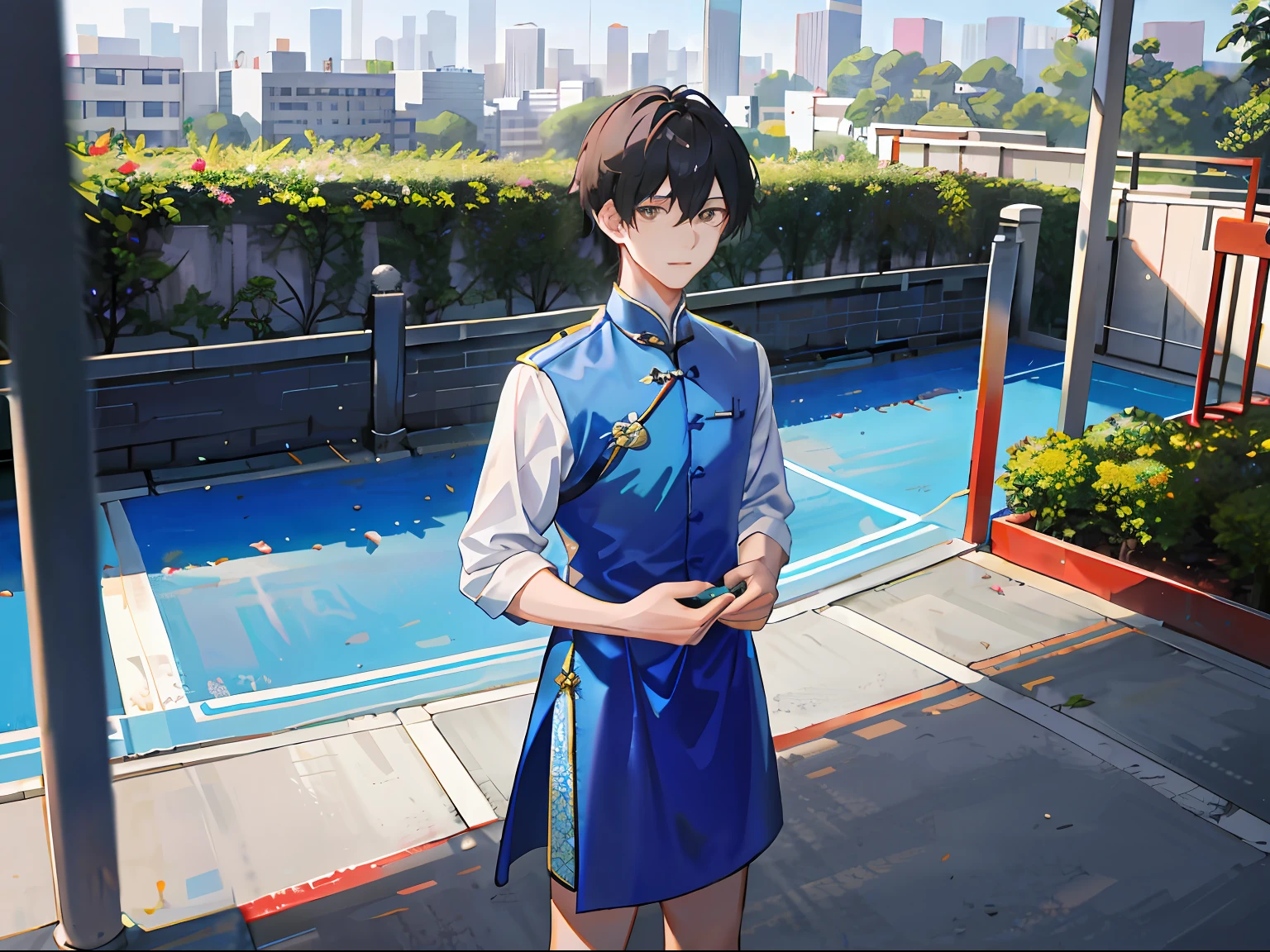 A twenty-year-old young man, Wearing a blue cheongsam, standing on a playground,The expression is shy, In the daytime, in a panoramic view