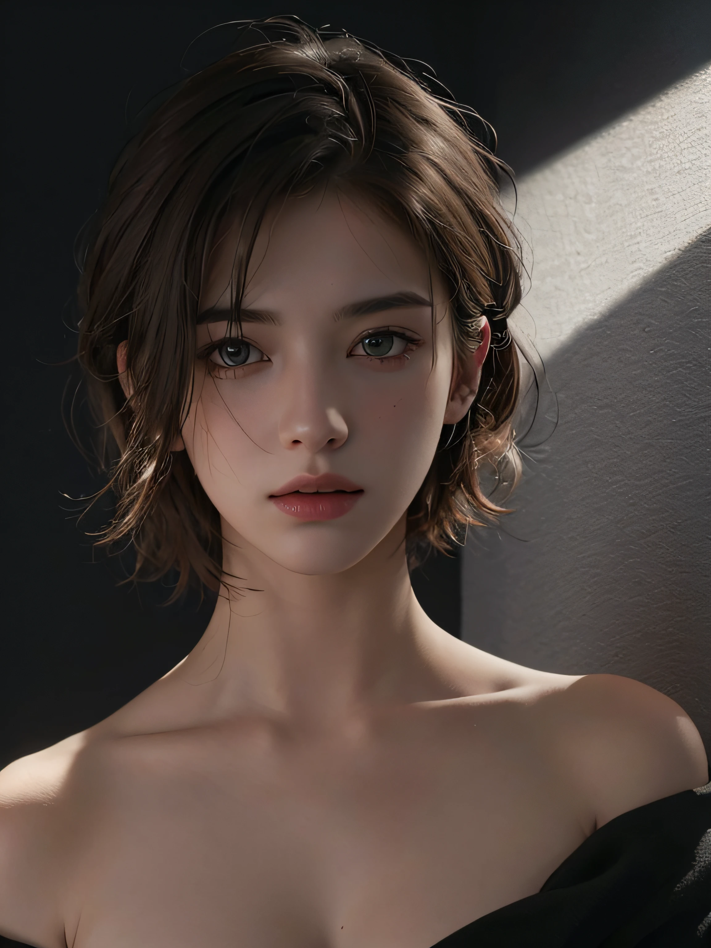 Best quality, masterpiece, ultra high res, (photorealistic:1.5), raw photo, 1girl, offshoulder, in the dark, deep shadow, low key, cold light, sexy look, short hair