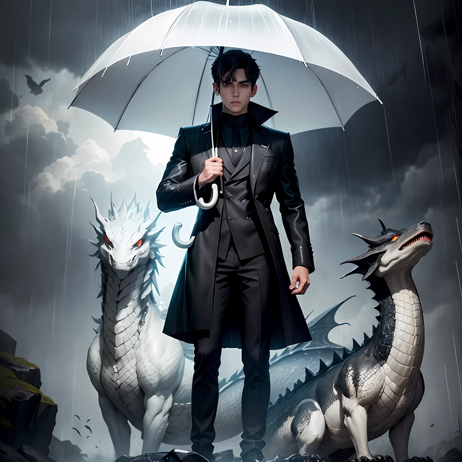 A good-looking boy with black hair and blond eyes，standing in the rainstorm，Holding an umbrella，Dressed in black，A white dragon behind him，The dragon looms --auto