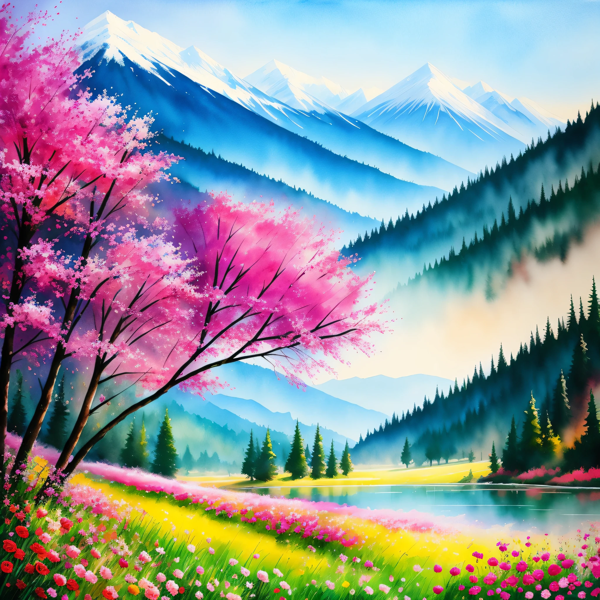 a watercolor painting landscape,trees,majestic mountains,flowers,roses,hyper details,hyper realistik,splashing,by yossi kotler,8k