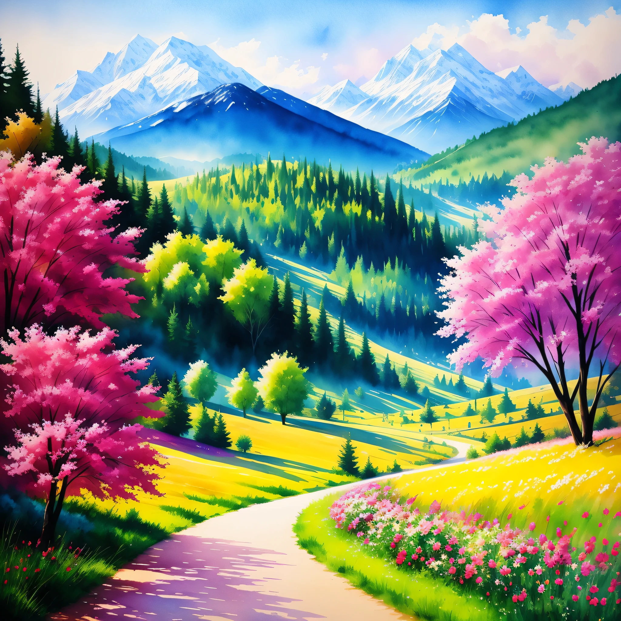 a watercolor painting landscape,trees,majestic mountains,flowers,roses,hyper details,hyper realistik,splashing,by yossi kotler,8k