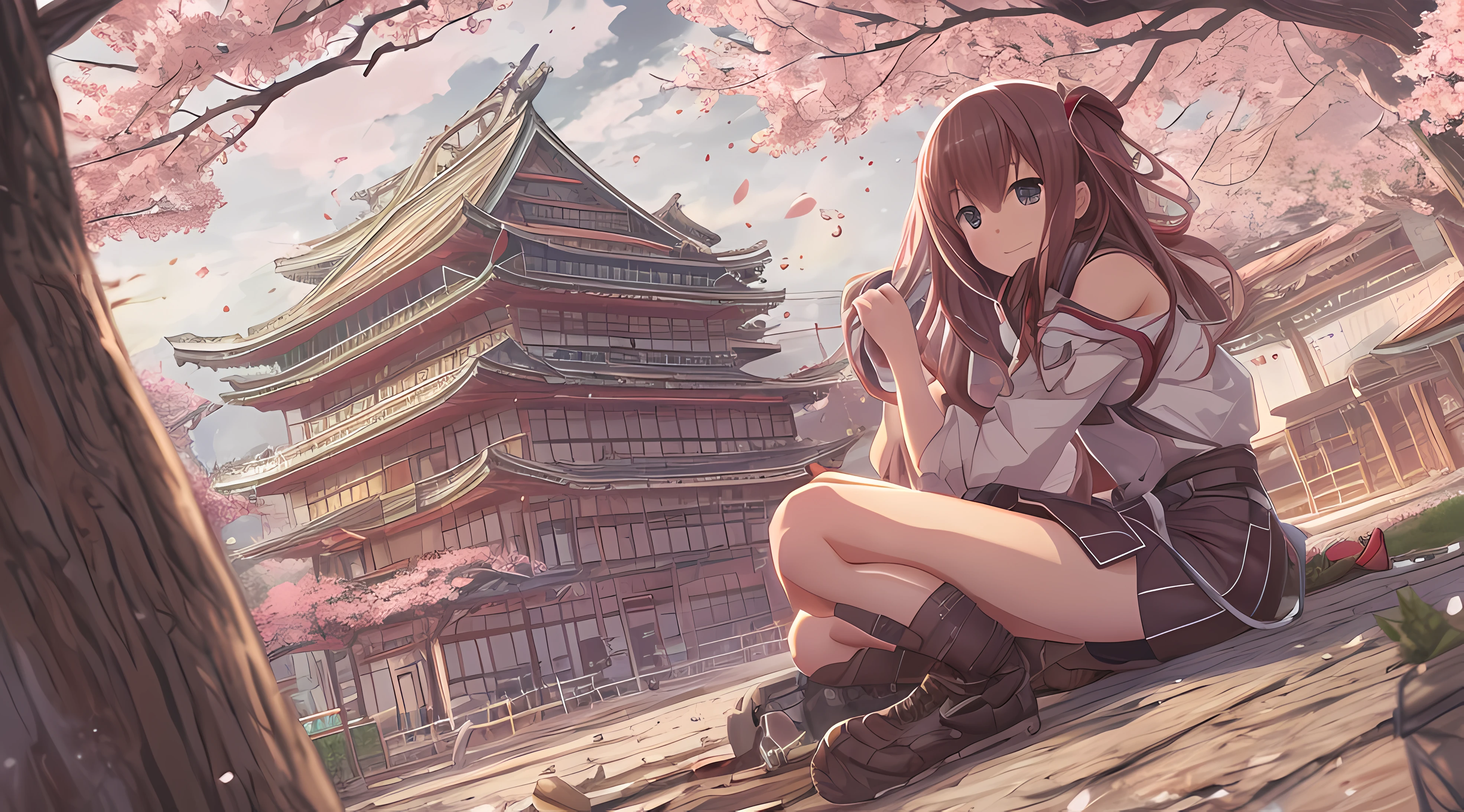 (Best Quality), (8K), (Detailed background), Detailed landscapes, factories, Long hair, Brown eyes, Upper body, Komono, cherryblossom, the anime girl is crouching, a macro giantess, beautiful anime girl squatting, der riese,