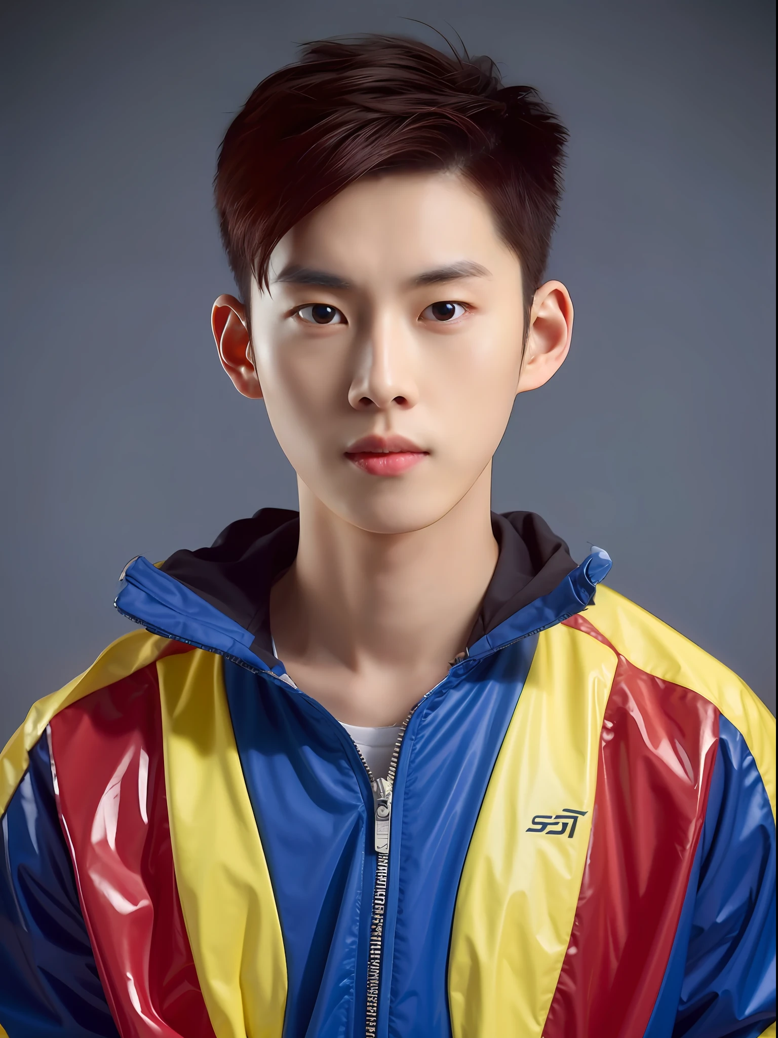 Chinese male high school student，Wearing PVC light blue tracksuit