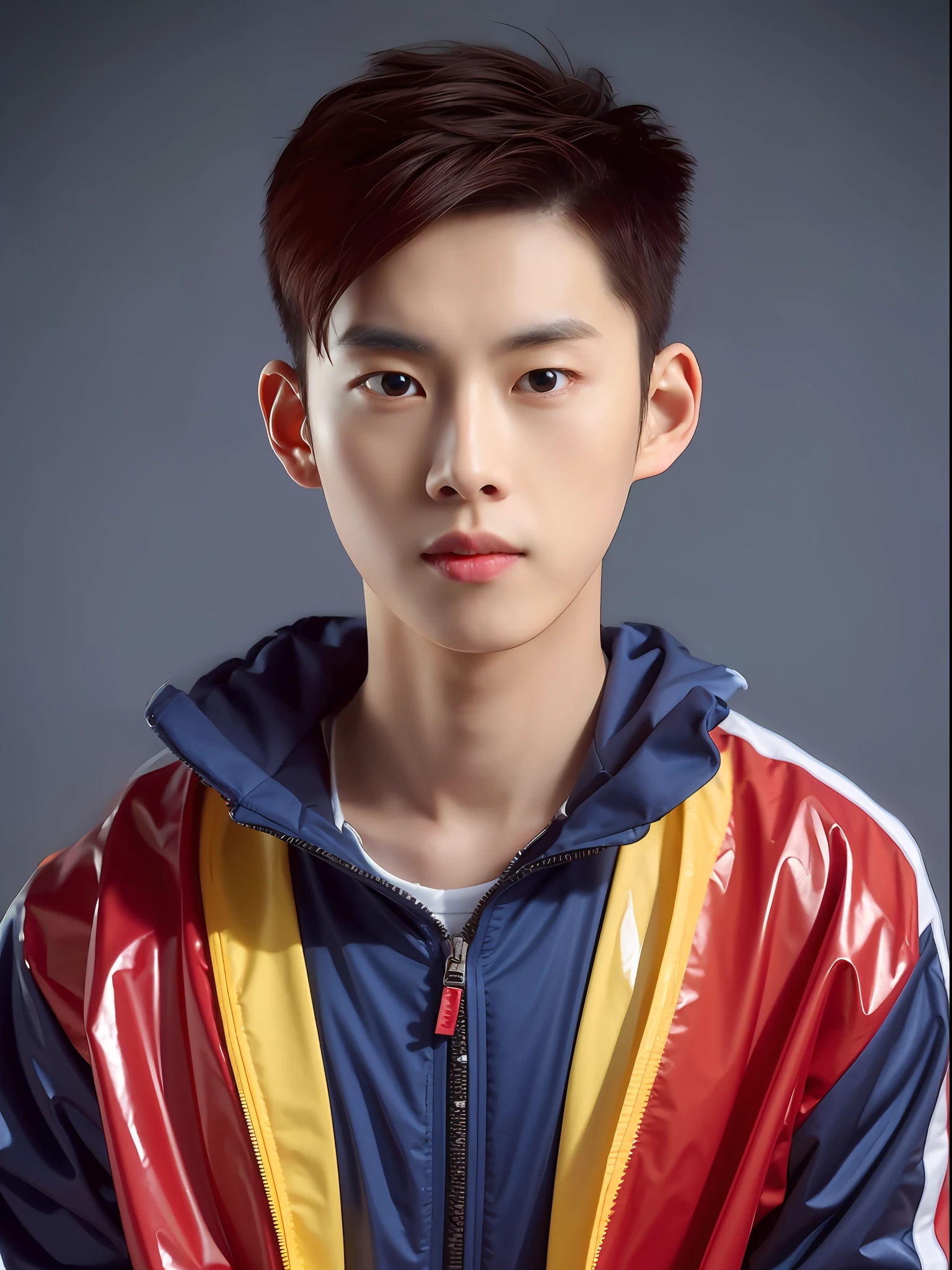 Chinese male high school student,Wearing PVC light blue tracksuit