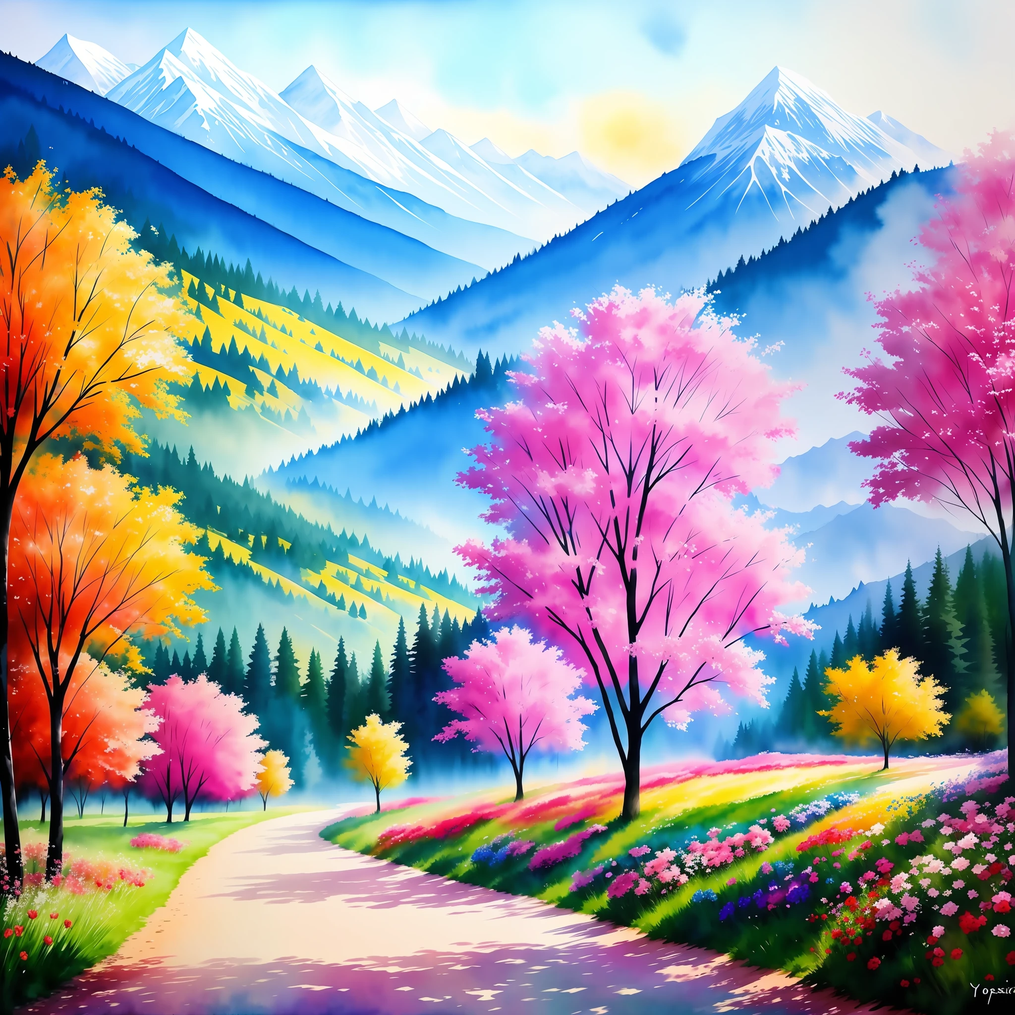 a watercolor painting landscape,trees,majestic mountains,flowers,roses,hyper details,hyper realistik,splashing,by yossi kotler,8k