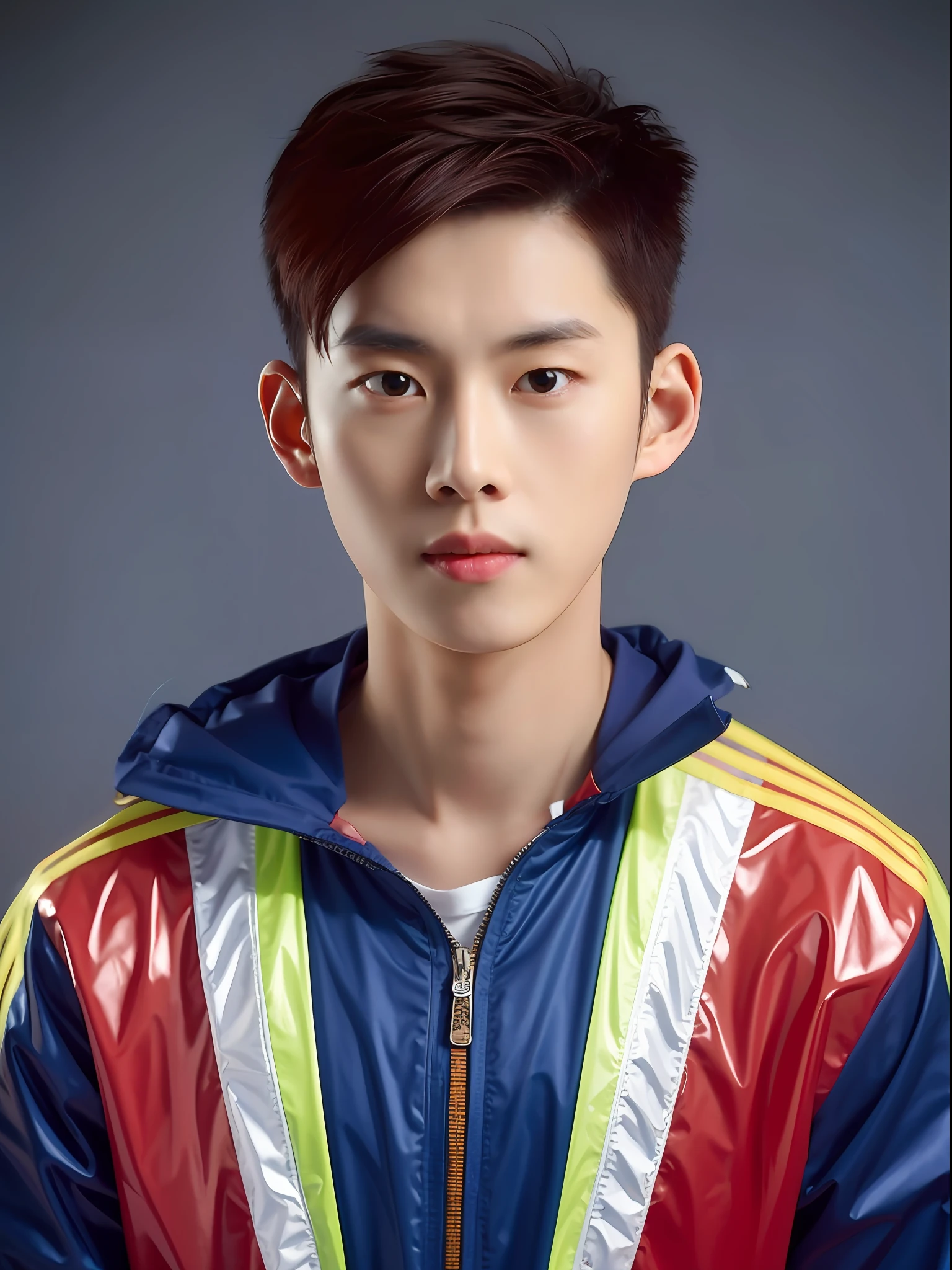 Chinese male high school student,Wearing PVC light blue tracksuit