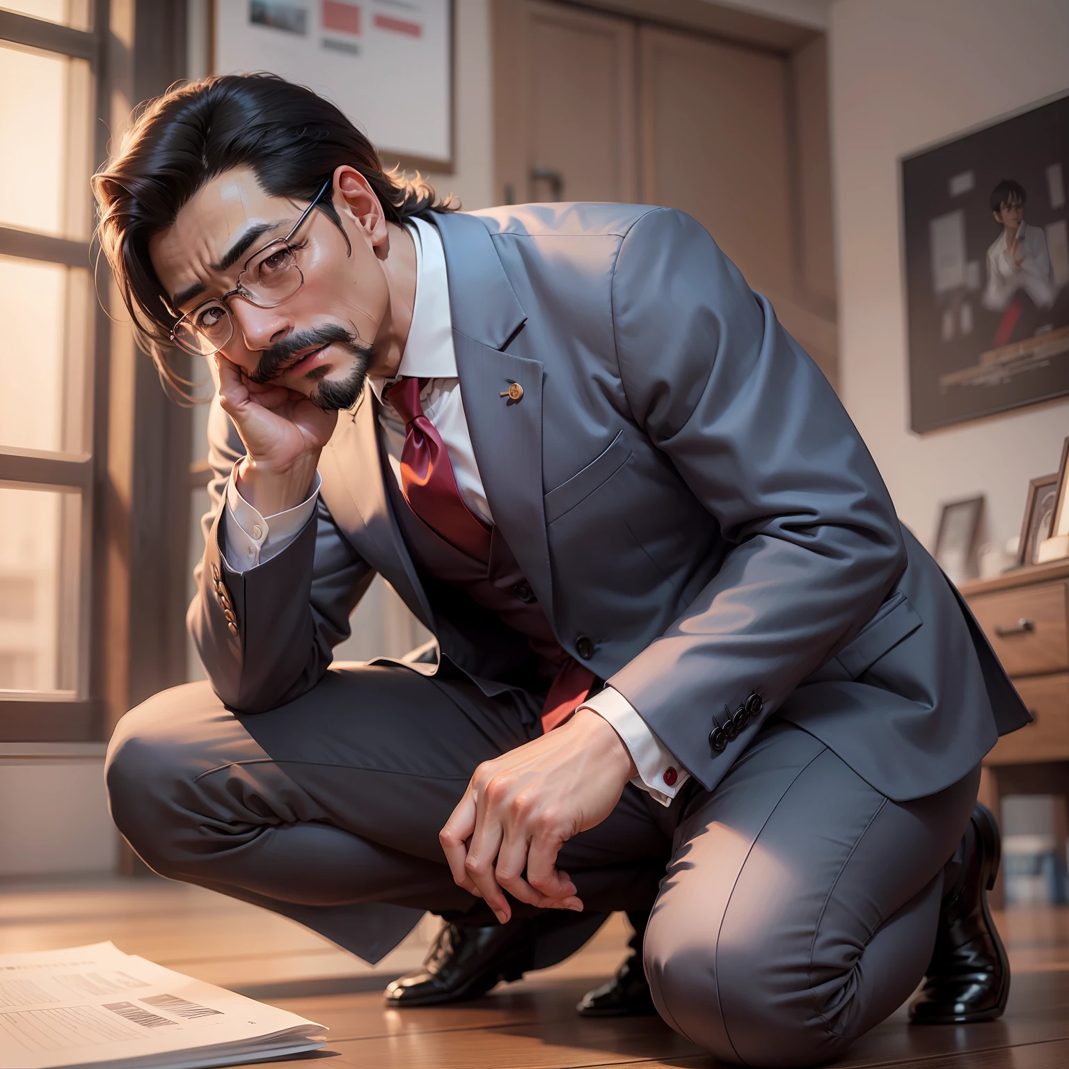 45 yers old，Kogoro Mouri，Business suit，Tong，Bulge，onbed，black long socks，lbeard，fortitude，artwork of a，tmasterpiece，k hd，an look of enjoyment，Be red in the face，Kneeling
