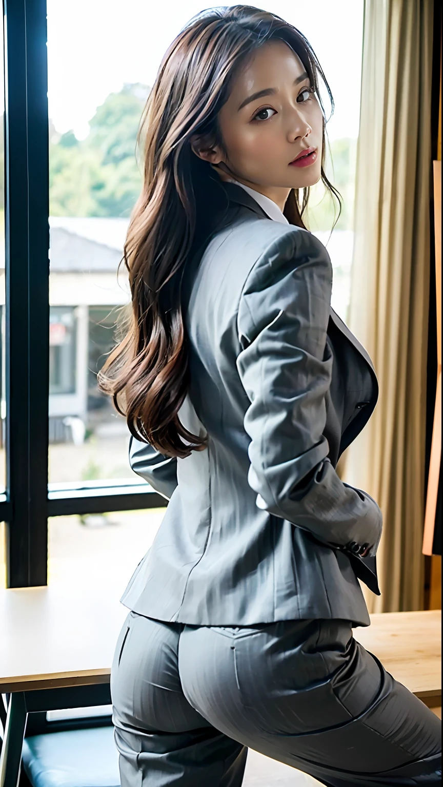 (top-quality、8K、32K、masterpiece、nffsw:1.2)、1girl in、beautiful japanese female、big breasts thin waist、Gray suit、Open jacket、OL、trouser、from the rear、Office、desk work、(Open your legs、stick out buttocks:1.2)、finerly detailed face、shorth hair、