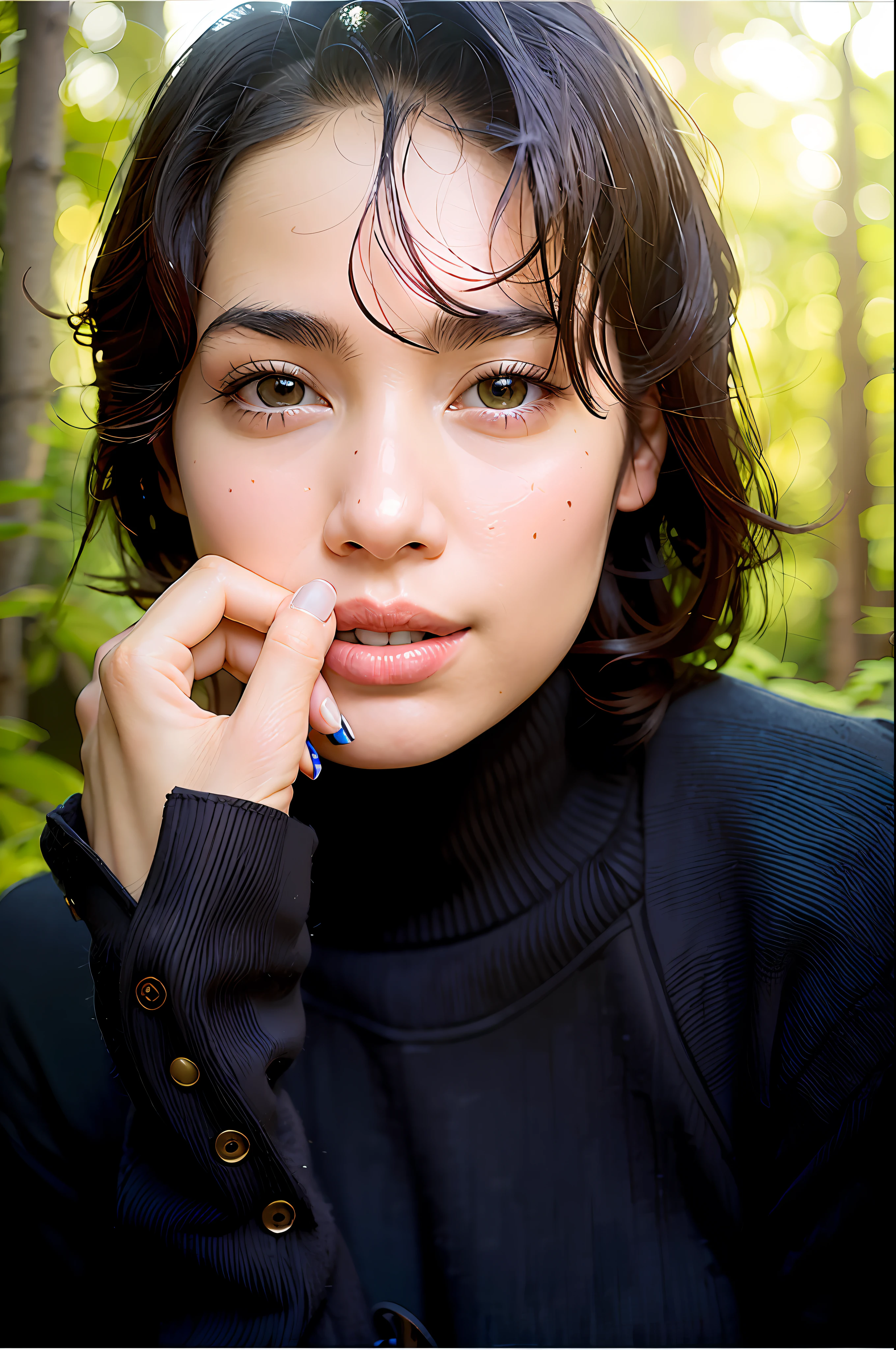 A BEAUTIFUL GIRL IN THE FOREST, leaves falling