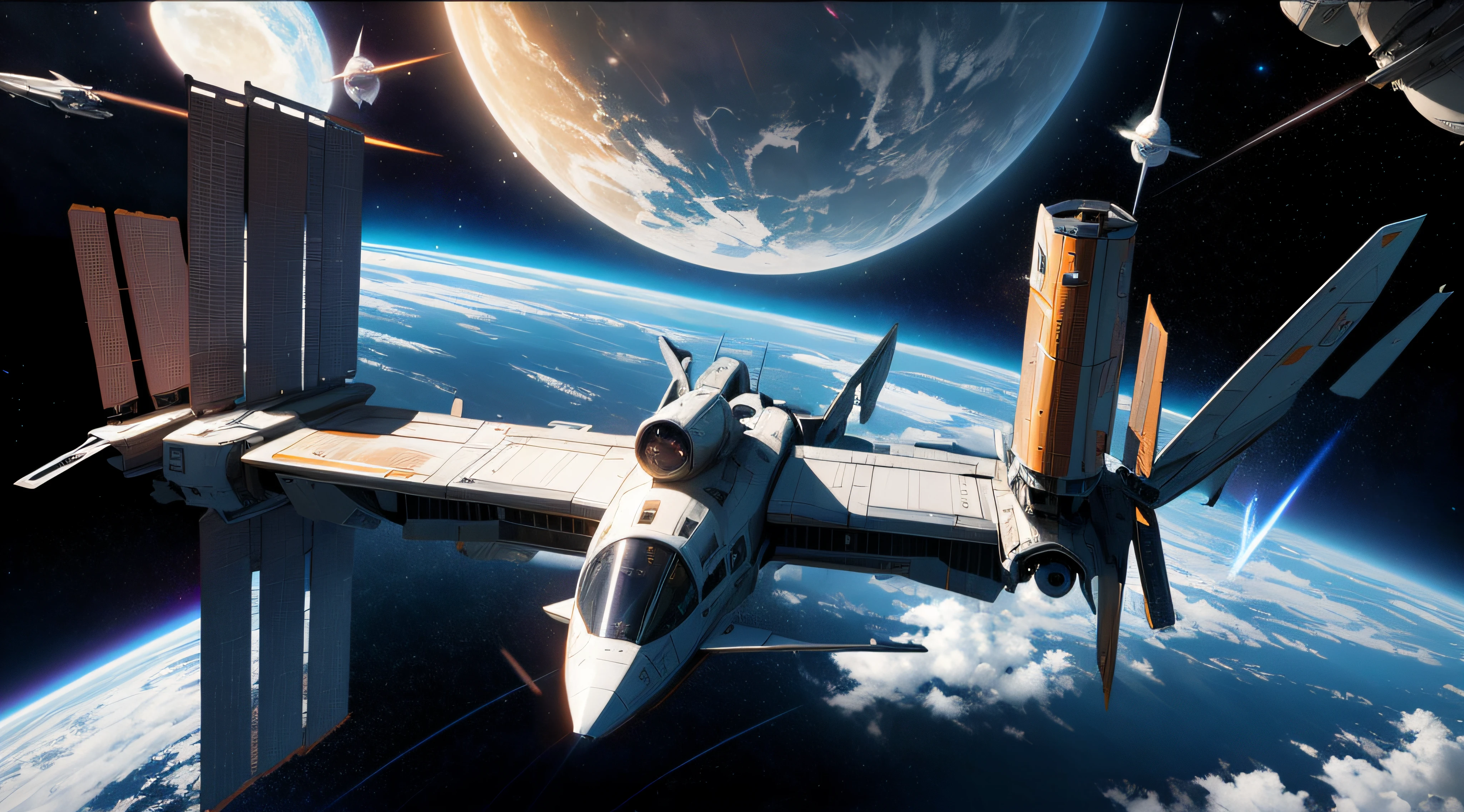 A spaceship flying over Earth,The earth can be seen, an epic space ship scene, spaceship flies in the distance, epic beautiful space scifi, inspired by Craig Mullins, craig mullins style, orbiting space ships, spaceship in space, spaceships flying in background, spaceship in space in ruins, flying spaceships in background, star citizen digital art