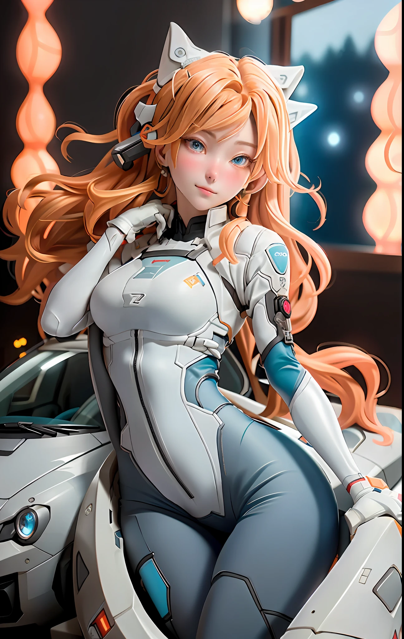 (Overhead view),dynamic angle,ultra-detailed, illustration, close-up, straight on, 1girl, ((souryuu asuka langley, interface headset, red bodysuit:1.4, blonde)),Her eyes shone like dreamy stars,(glowing eyes:1.233),(beautiful and detailed eyes:1.1),(expressionless,closed mouth),(standing), (mechanic room with toolsand spaceship windowin a white SPACESHIP), (night:1.2),dreamy, [[delicate fingers and hands:0.55]::0.85],(detail fingers),