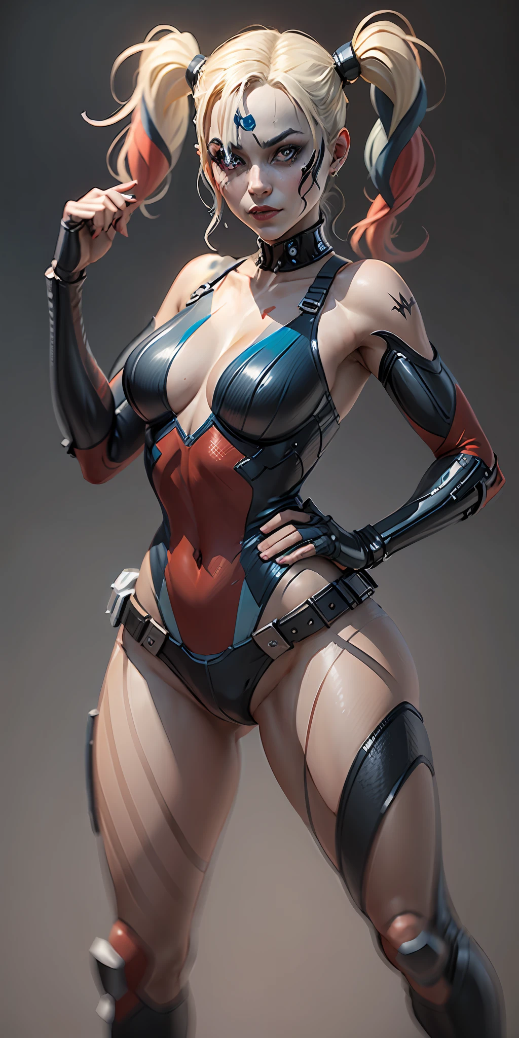 Harley Quinn from DC, frontal, full-length, looking at the camera, facing the audience, standing pose, simple background, three-dimensional light, detailed full-body concept, sleek digital concept art, beautiful full-body concept art, art trend, full-length CGsociety,
