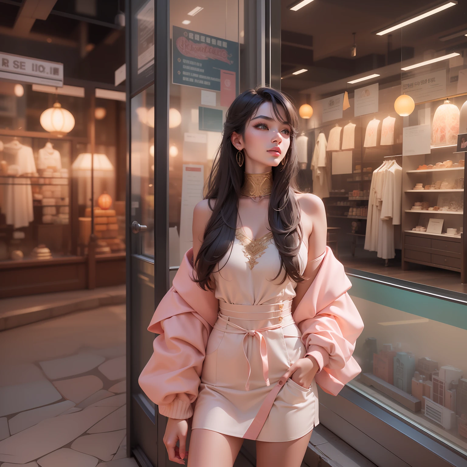 there is a woman standing in front of a store window, with fashinable street wear, sakimichan, ulzzang, dressed with long fluent clothes, korean women's fashion model,((Best quality)), ((masterpiece)), (detailed:1.4), 3D, an image of a beautiful female,HDR (High Dynamic Range),Ray Tracing,NVIDIA RTX,Super-Resolution,Unreal 5,Subsurface scattering,PBR Texturing,Post-processing,Anisotropic Filtering,Depth-of-field,Maximum clarity and sharpness,Multi-layered textures,Albedo and Specular maps,Surface shading,Accurate simulation of light-material interaction,Perfect proportions,Octane Render,Two-tone lighting,Wide aperture,Low ISO,White balance,Rule of thirds,8K RAW,long hair black fashionable dress asian female,travel instagram influencer, looking at arabian lamp in lamp store Turkey, in the style of light pink and orange stock photography, perfect face, perfect body, perfect eyes, photo-realistic landscapes, romantic scenery, nice and bright image, white and brown image, 35mm, photorealism, travel look, Instagram, luxury, beautiful destinations, pinterest, kodak film, dreamy, canon