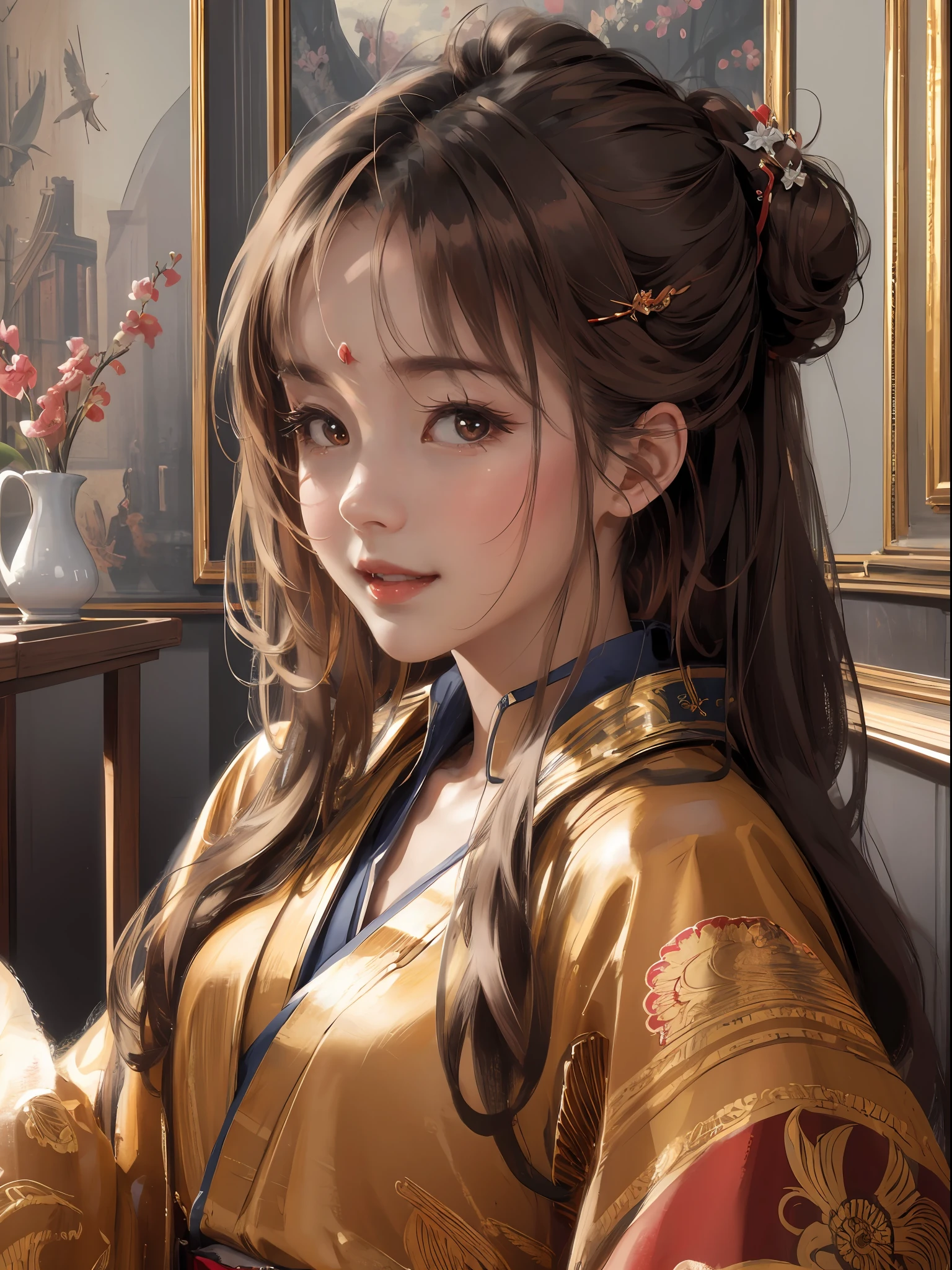 wlop, masterpiece, best image quality, highest quality, super detail, high resolution illustration, official art, 1 woman, brown hair, long hair, cute, Japanese room, kimono, smile, (Seiza: 1.3), sexy, from the front,