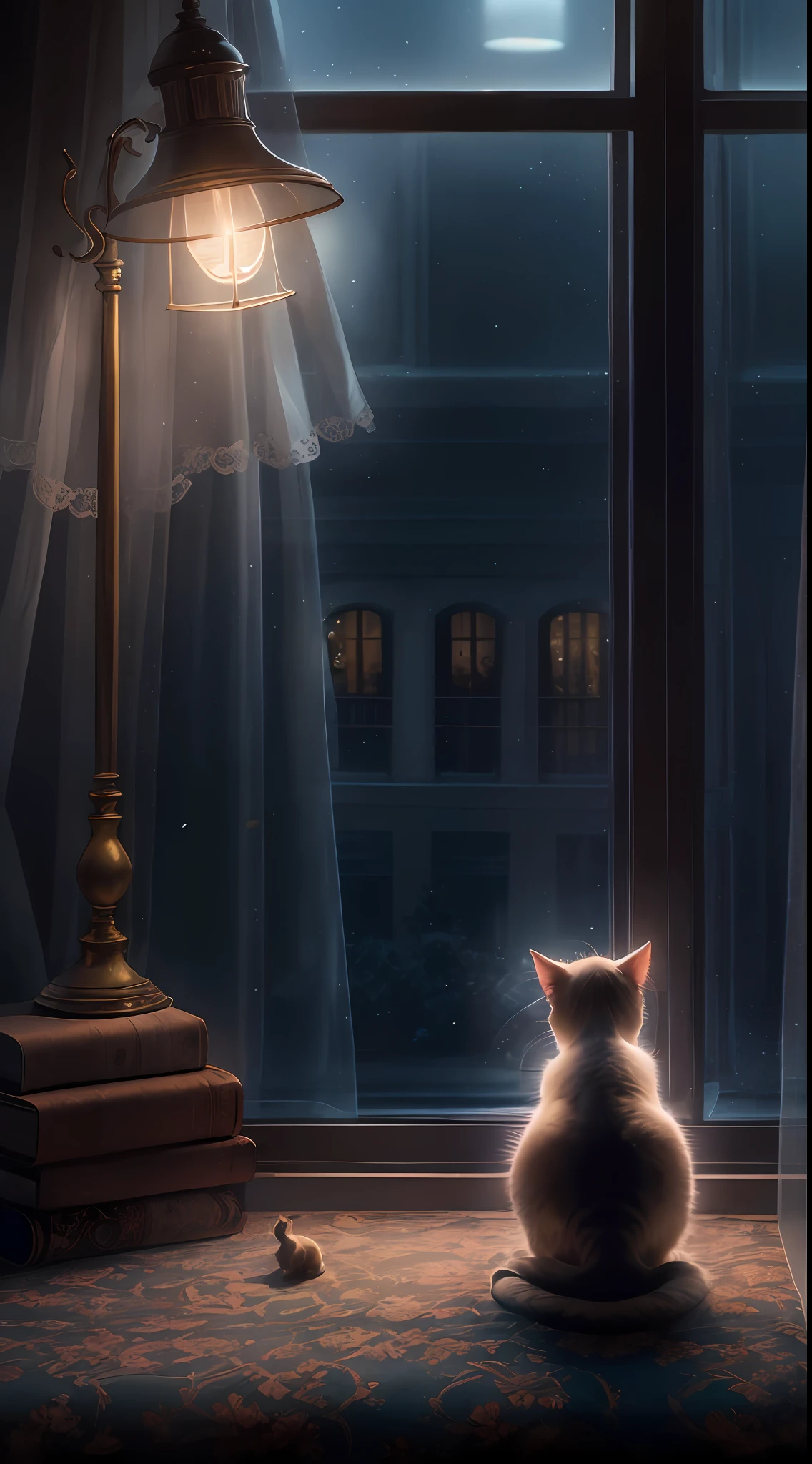 The dimly lit room had the lamp on, and the kitten sat on the table, looking out the window, outside the window, at night(Best quality, Detailed details, Masterpiece, offcial art, movie light effect, 4K, Chiaroscuro)