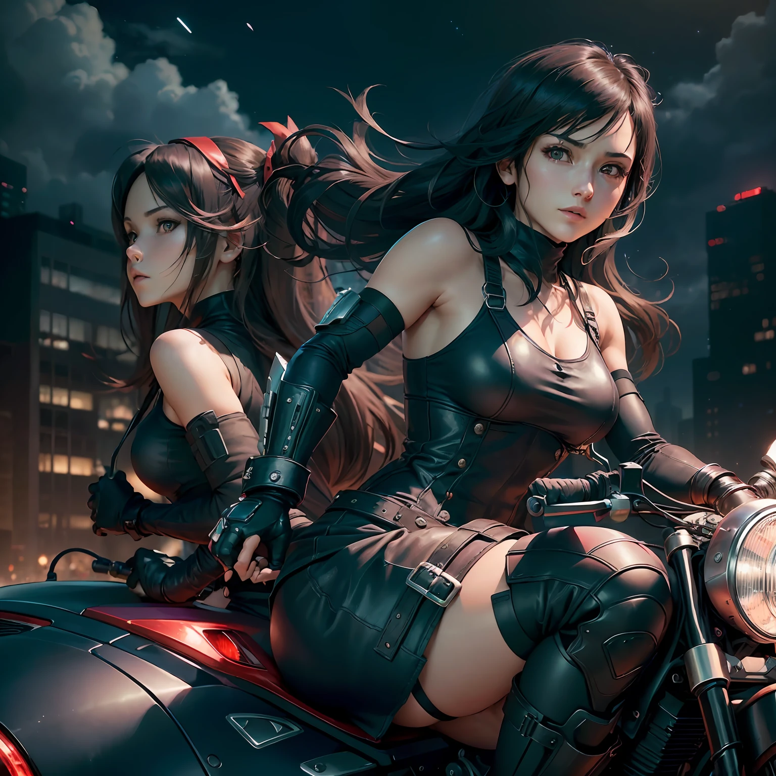 (8k, best quality, mastery:1.2), (realistic, photo-realistic:1.37), ultra-detailed, 1 girl, cute, solo, (tifa lockhart), (small breasts), (beautiful detailed eyes), (ssmile:1.2),(Keep one's mouth shut),dance,neonlight,view over city,depth of fields,Dark shades,Sharp focus,The Car,motionblur,the motorcycle,depth of fields,Good composition,green glow, Final Fantasy VII,dated,(Nasal redness),single elbow pad,Ankle boots,brunette color hair,blackdress,Black stockings,Red boots,elbowgloves,elbow pads,Fingerless gloves,Tight fitting shirts,Sport Bra,(Black dress with slips) , Stockings, Gilet blanc, full bodyesbian, head rest, cparted lips, pretty face, Long hair with low neckline, ((red_eyes)), Yellow flowers, (night:1.3), 复杂, Background bokeh, 电影灯光, Photon maps, Radio City,physically-based renderingt,(Tetsuya Nomura style) --auto