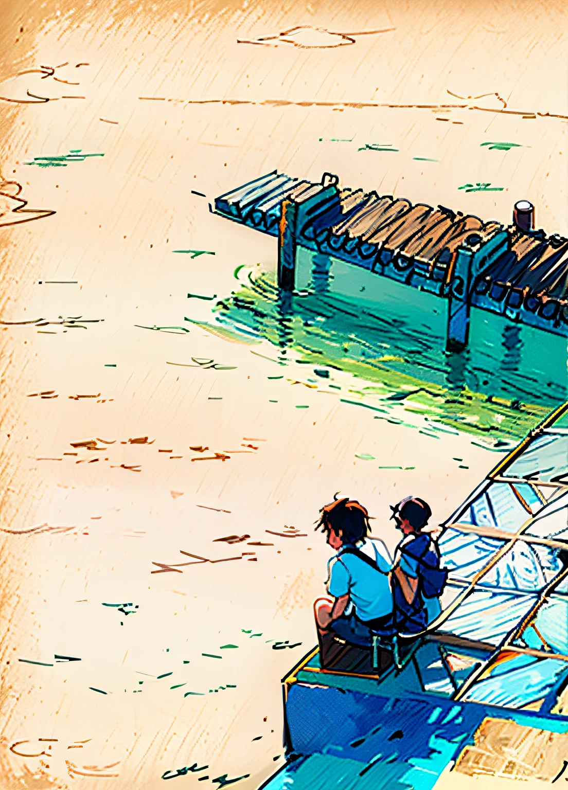 Sketch of a boy and a cat sitting on a dock, published art, author:by Hiroshi Honda, pen and ink illustration, author:Middle Bokuhn, author:tezuka osamu, author:Nakai Tsubasa, near a jetty, punpun onodera, gazing at the water, author:Kikukawa Sakaeyama, author:Naondo Nakamura
