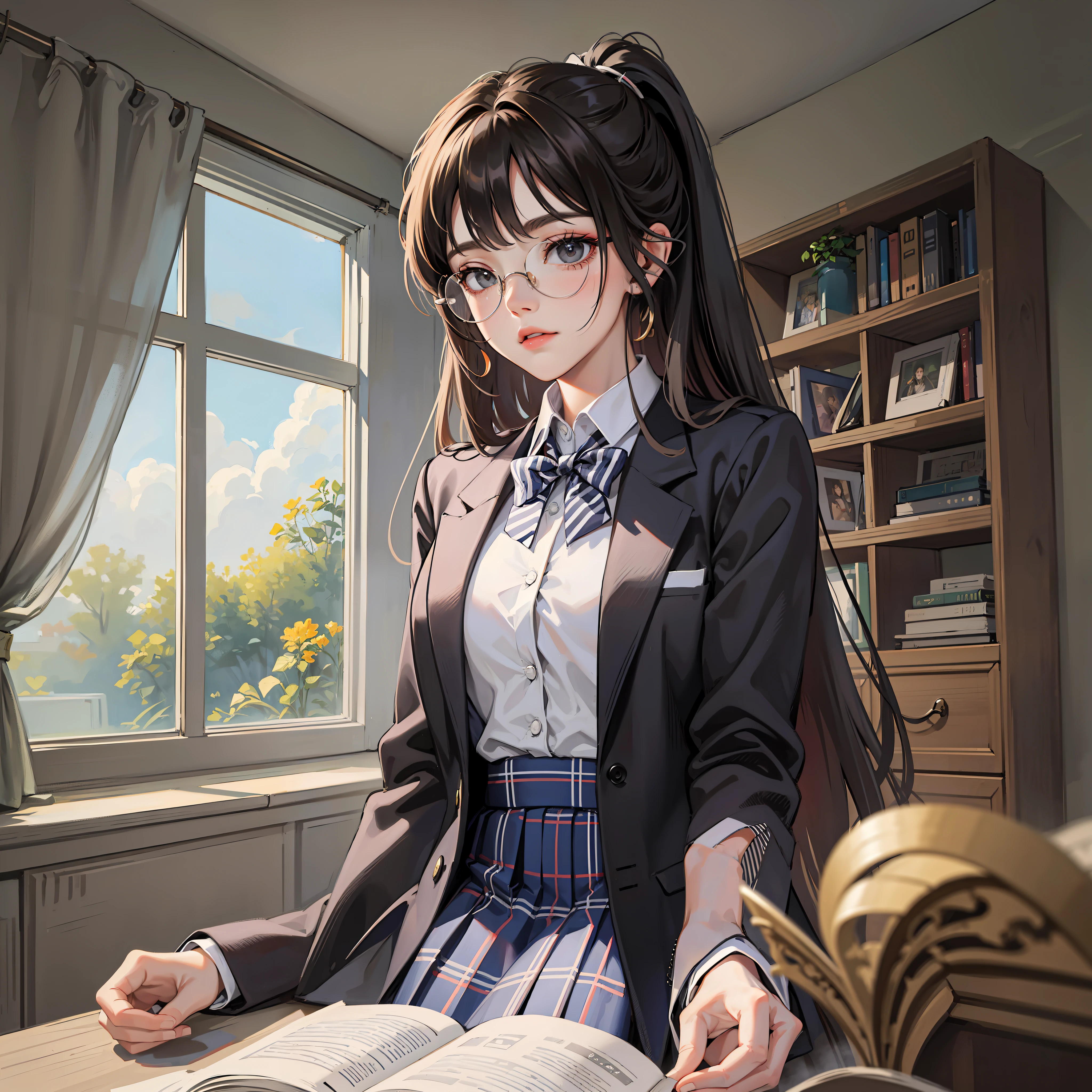 kr-pny, Outrageously long ponytail, Parted bangs, Dress school uniform, Dark gray open jacket, Dark gray blazer, Pleated skirt, plaid skirts, circle glasses, Reading a book, Shy and quiet girl, looking at the distance, Extremely detailed hair, intricately details,  Best quality, The upper part of the body, realisticlying，Need，tmasterpiece,